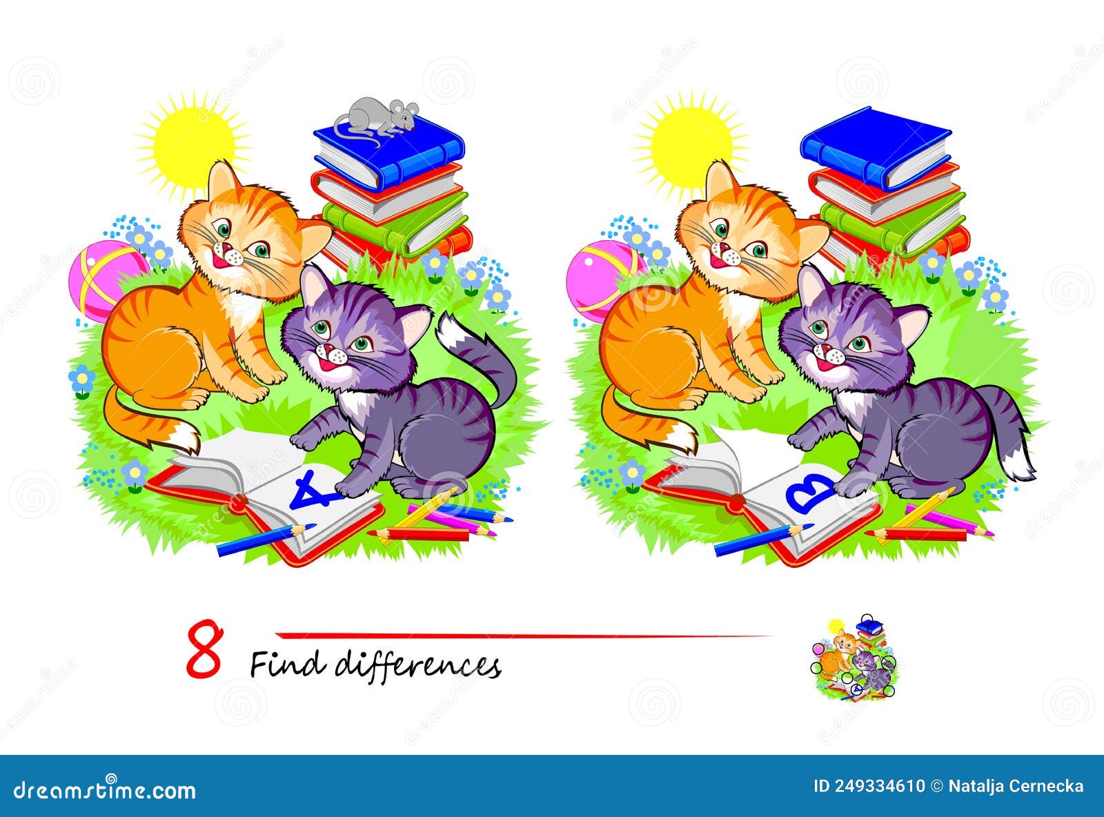 Encontrar 8 Diferencias. Ilustración Del Aprendizaje Gatitos Bonitos. Juego De Rompecabezas Lógico Para Niños Y Adultos. Página Ilustración del Vector - Ilustración de juguete, bromista: 249334610