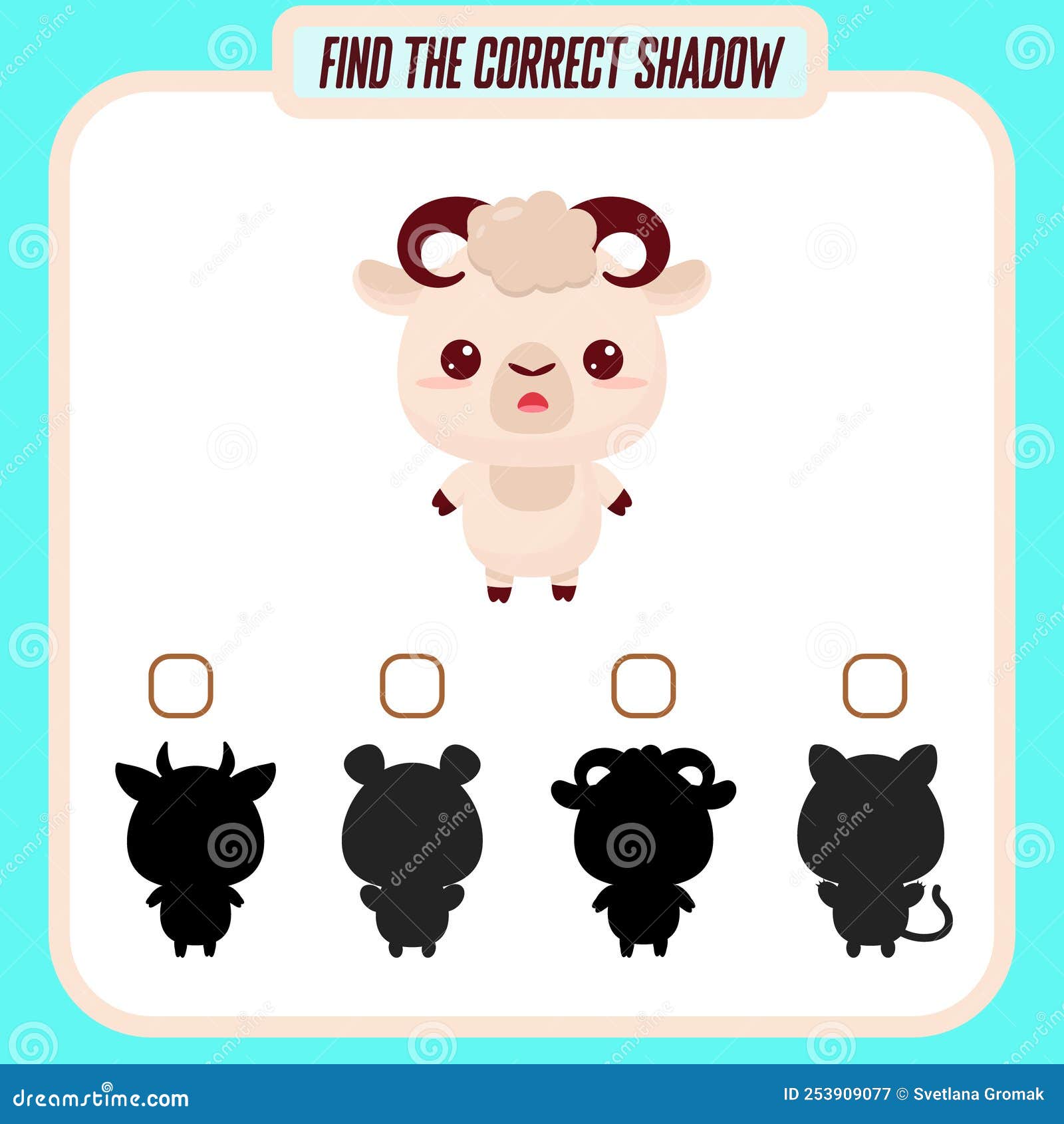 Encontrando a sombra correta do jogo de página de educação de animais fofos  para jardim de infância e pré-escola