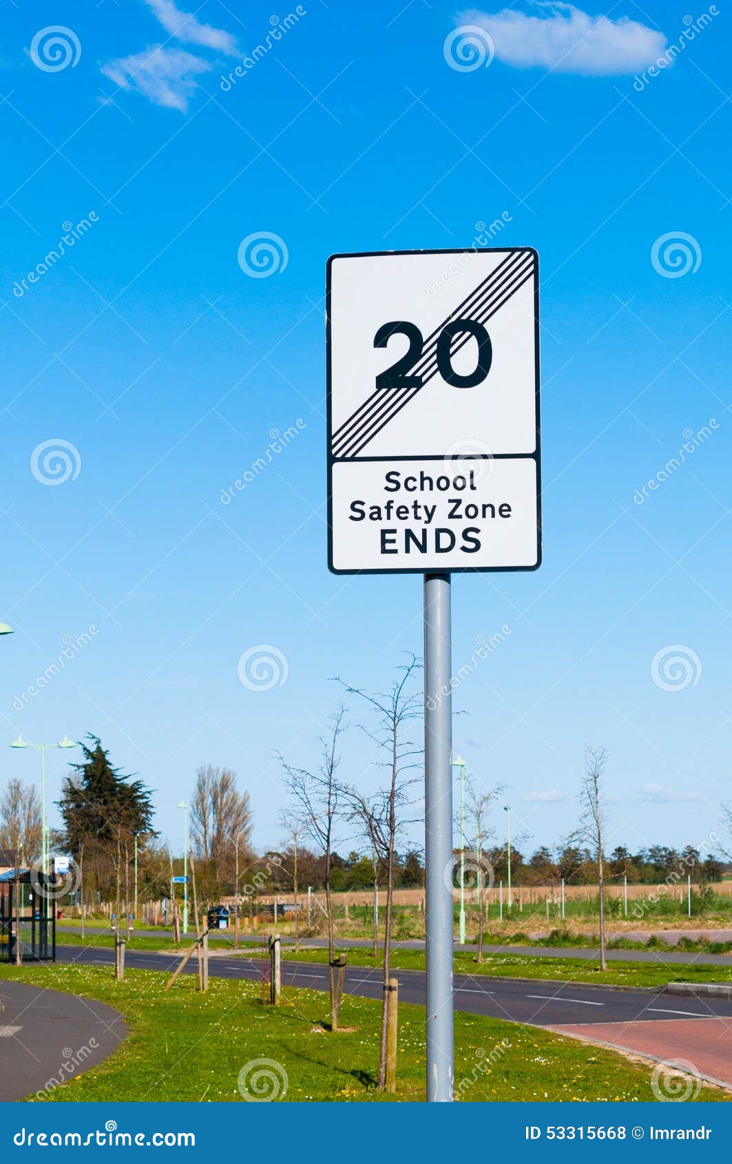 End of School Safety Zone Sign on Blue Background Stock Photo Image