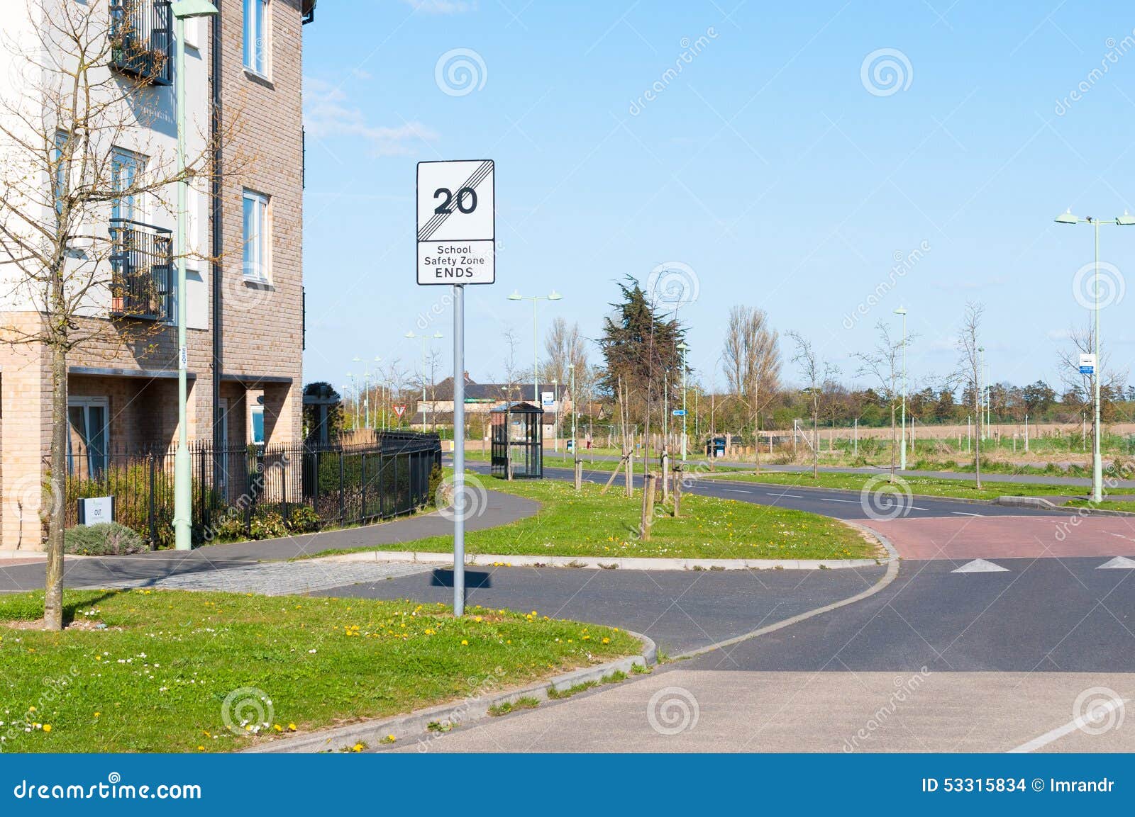 End of School Safety Zone Sign on Blue Background Stock Photo Image
