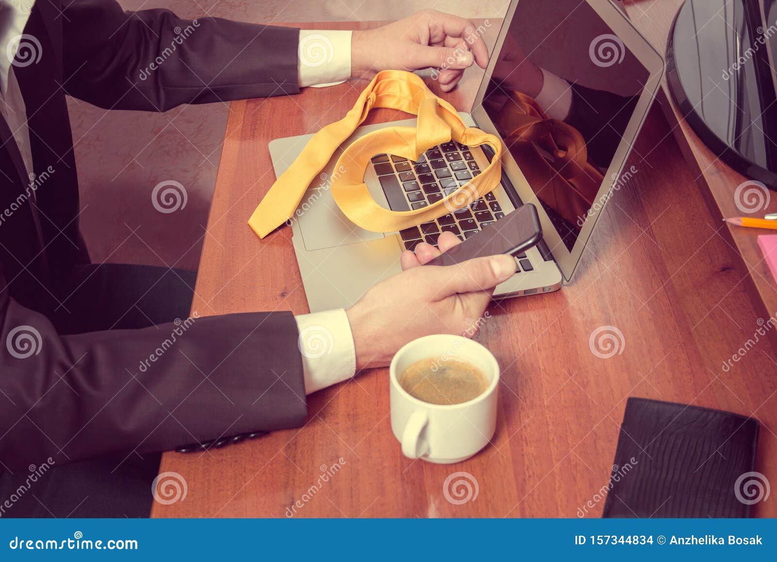 End of work stock photo. Image of mobile, hands, coffee - 157344834