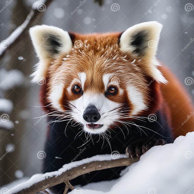 Endangered Red Panda Crawls in the Snow Stock Photo - Image of panda