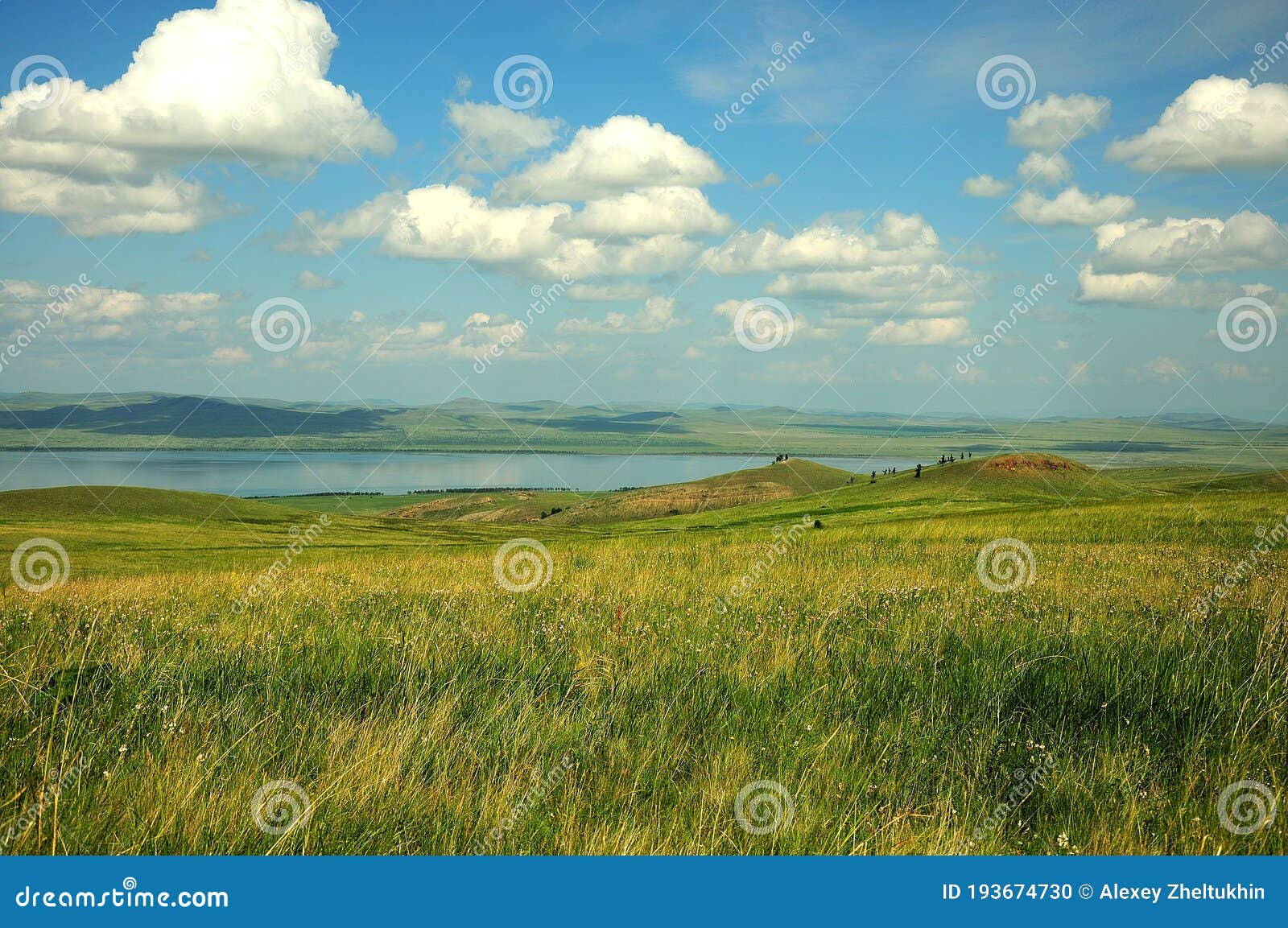 an endless field overgrown with grass with fragments of a lake and high hills in the background