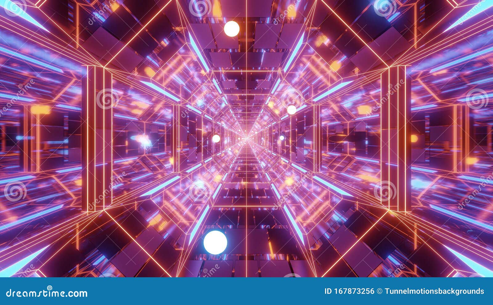 endlless science-fiction space galaxy glass tunnel corridor with flying glowing sphere particles 3d 