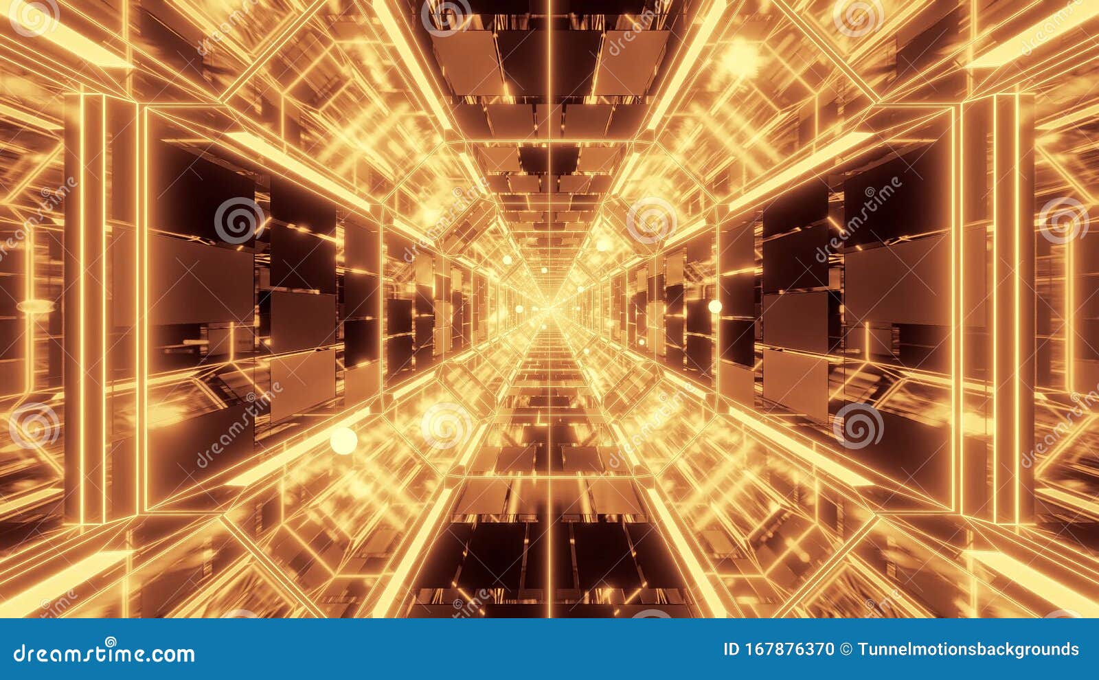 endlless science-fiction space galaxy glass tunnel corridor with flying glowing sphere particles 3d 