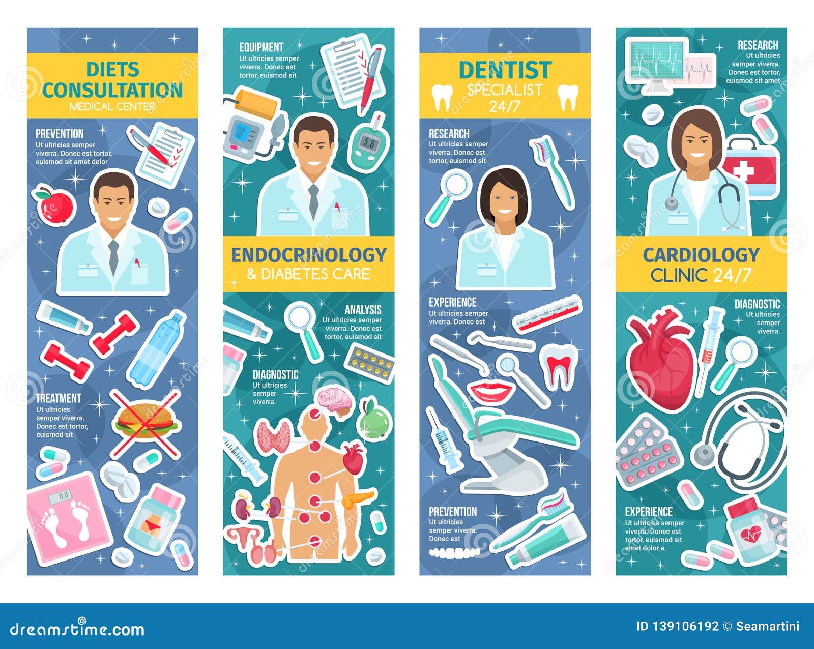 Cardiologist, endocrinologist and dentist doctors medical banners. 