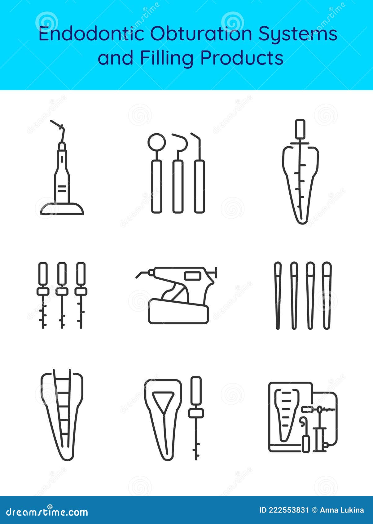 endodontic obturation systems and filling products icon set . root canal treatment. endodontist dentist equipment and