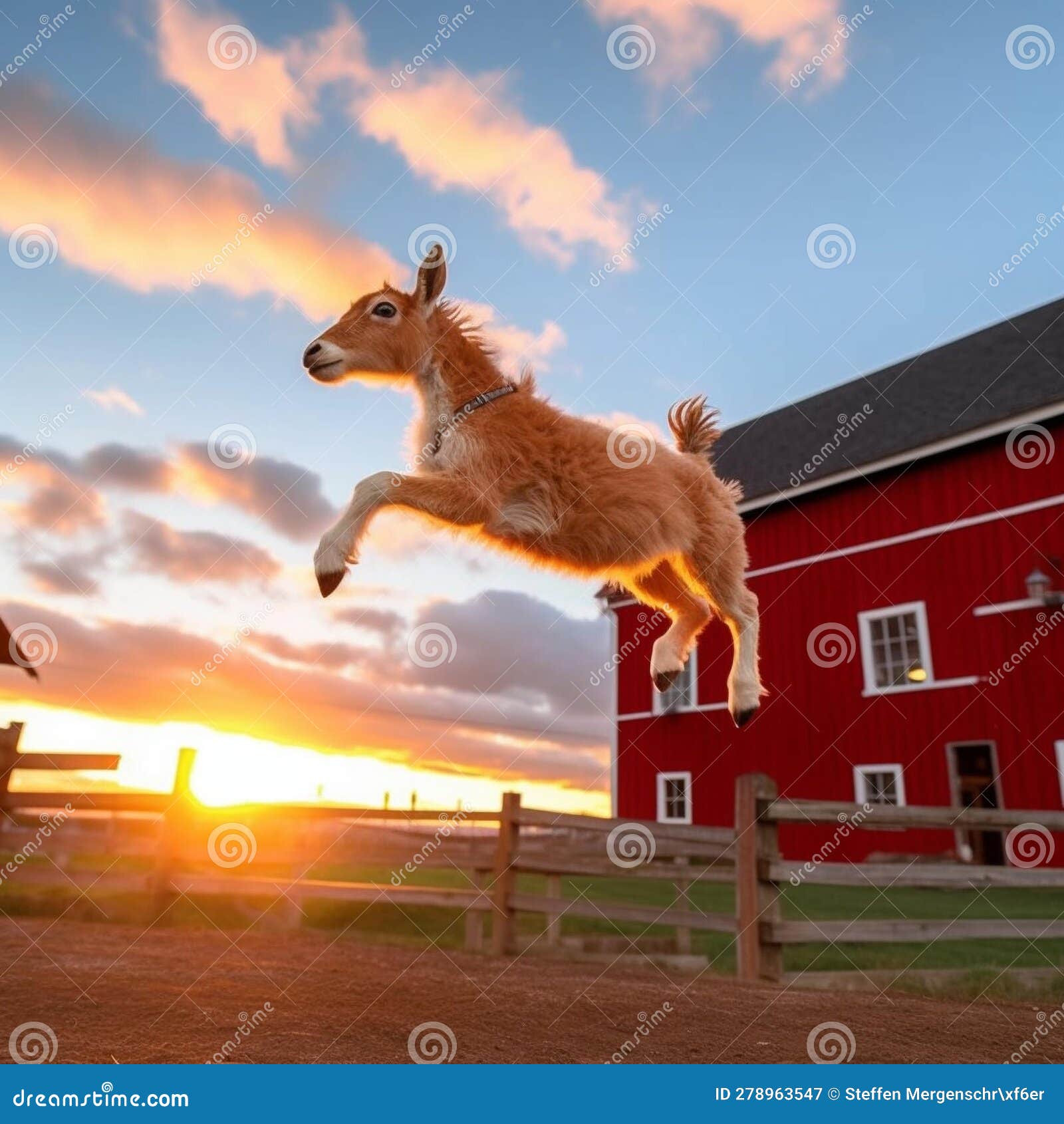 energetic baby goat jumping in front of red barn at sunset