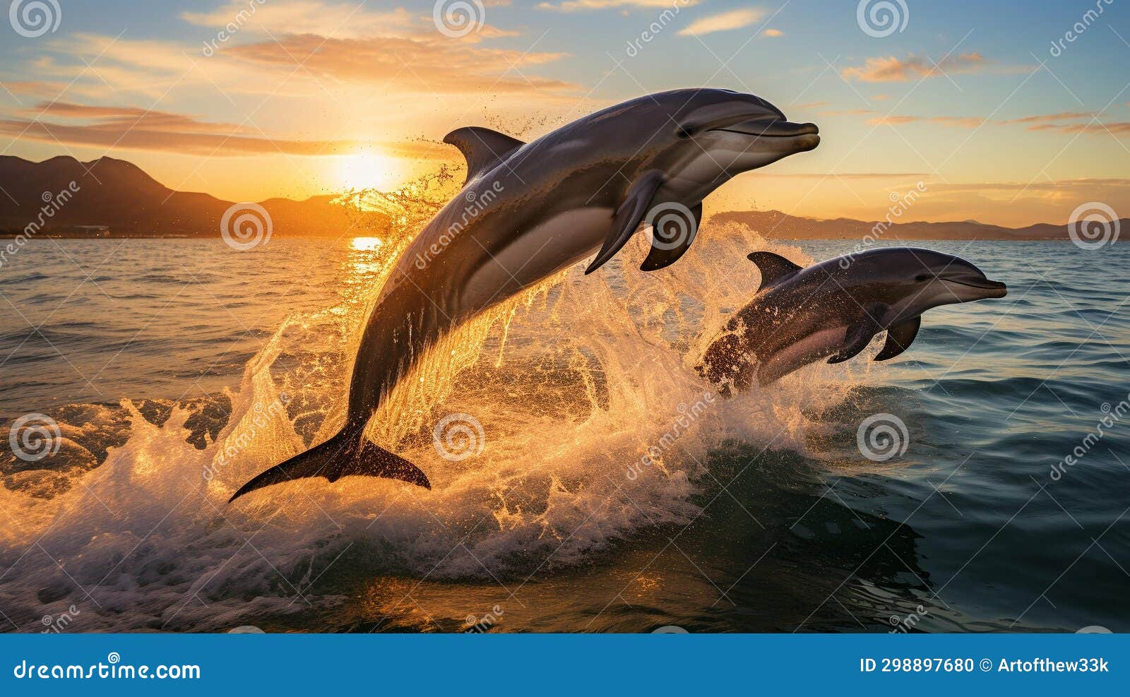 energetic dolphins in synchronized mid-air leap