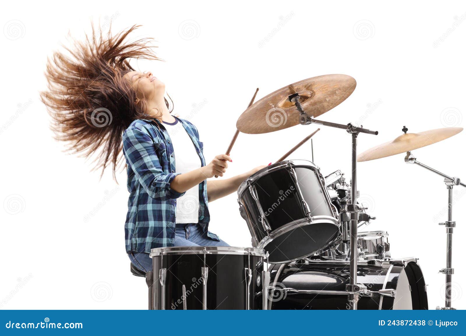 Energetic Female Drummer Playing on a Drum Set Stock Photo Image of