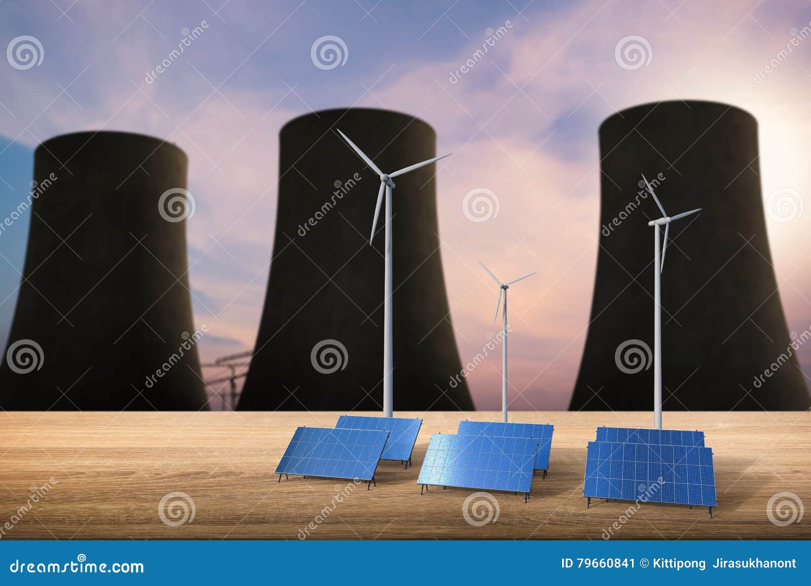 Energy Concept with Solar Cells, Wind Turbines and Nuclear React Stock
