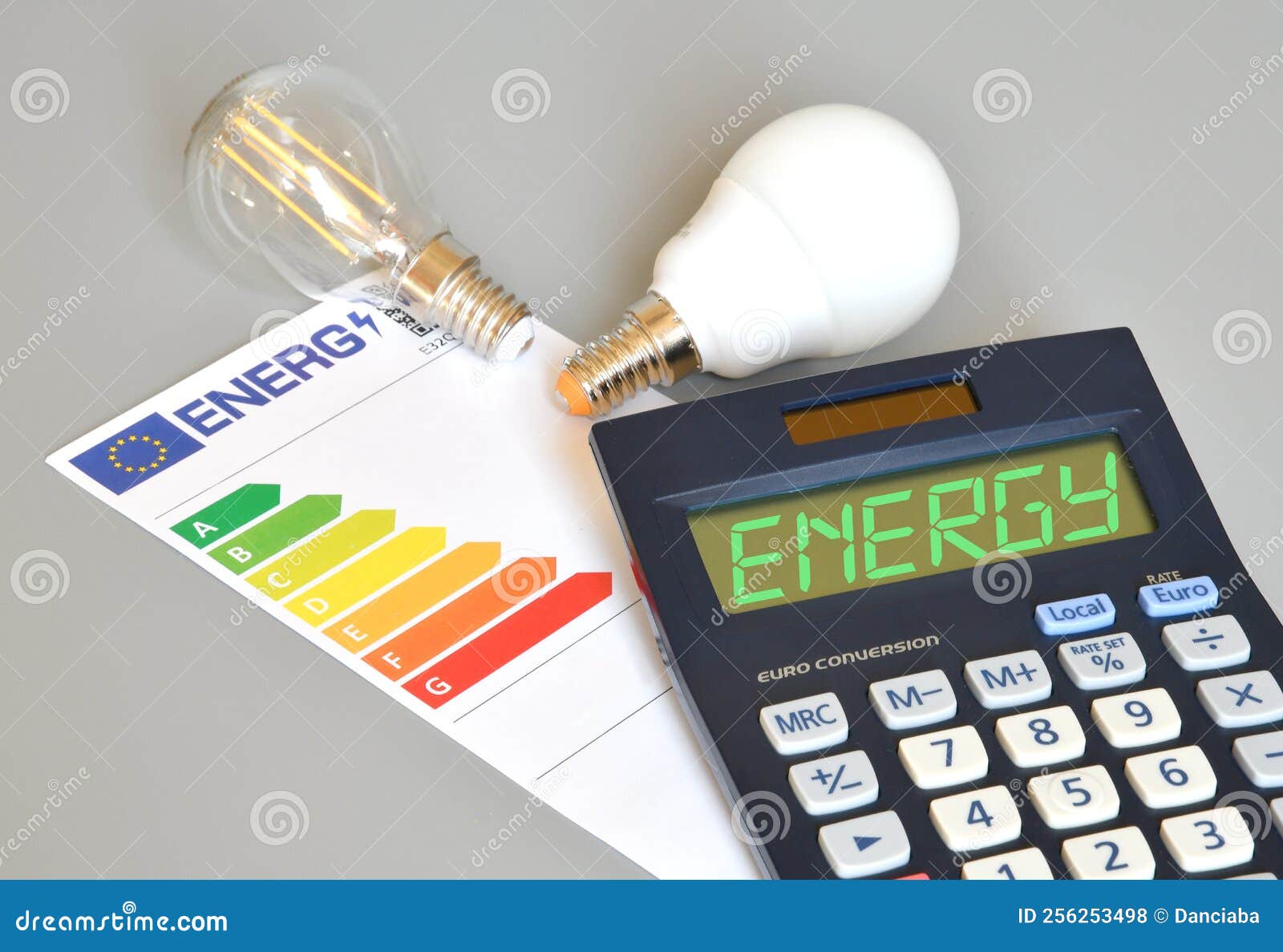 Energy Efficiency Rating Table with Light Bulbs and Calculator with