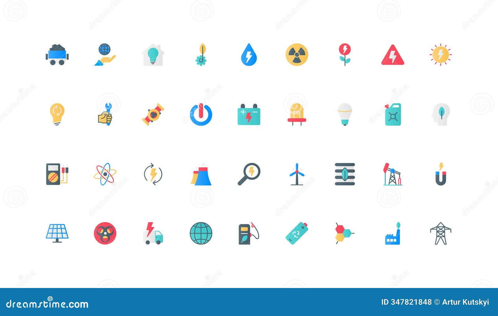 energy generation with different type of resources, industry and factory color icon set