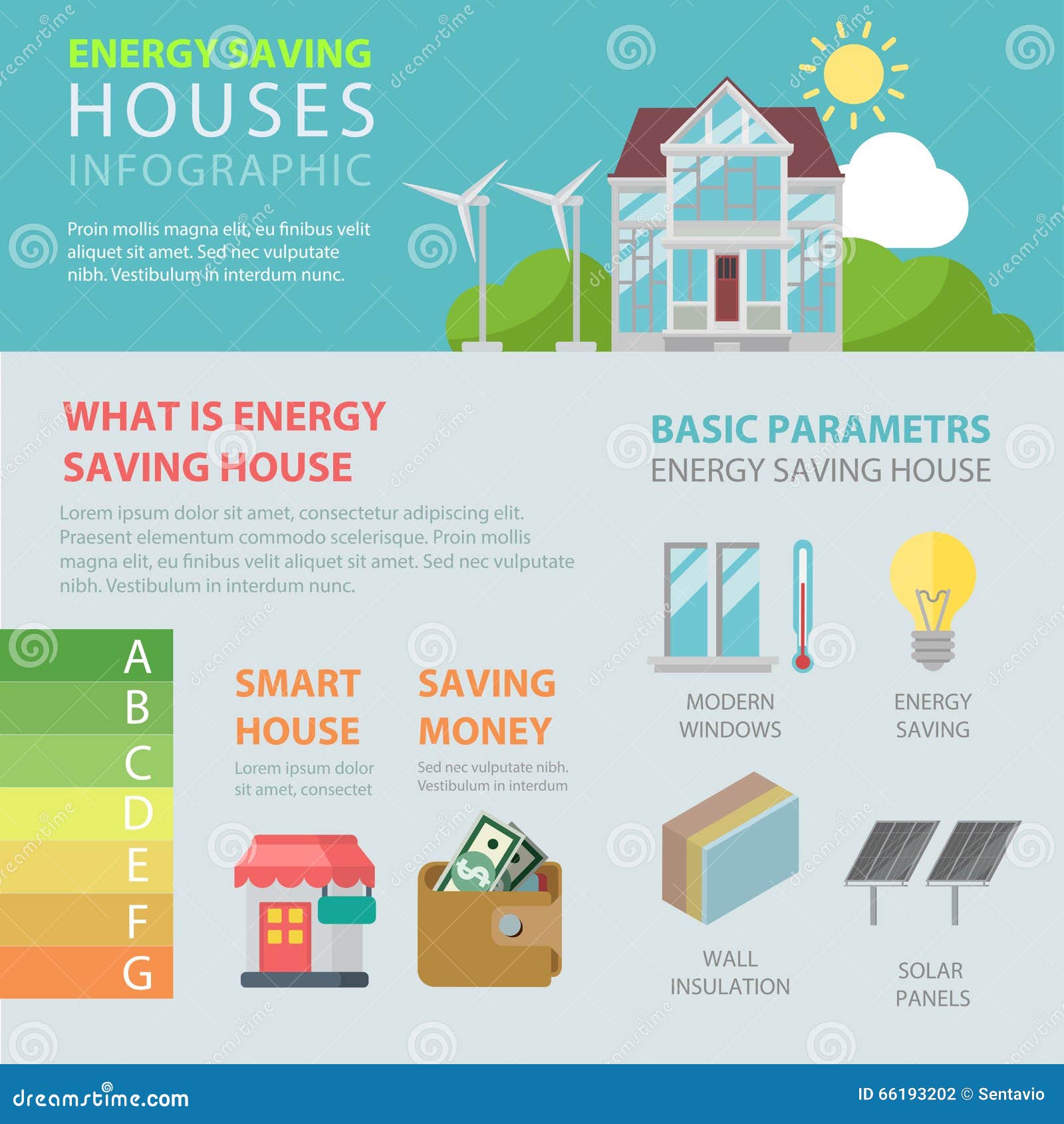 Energy Saving House Flat Vector Infographic: Smart Home Eco Stock