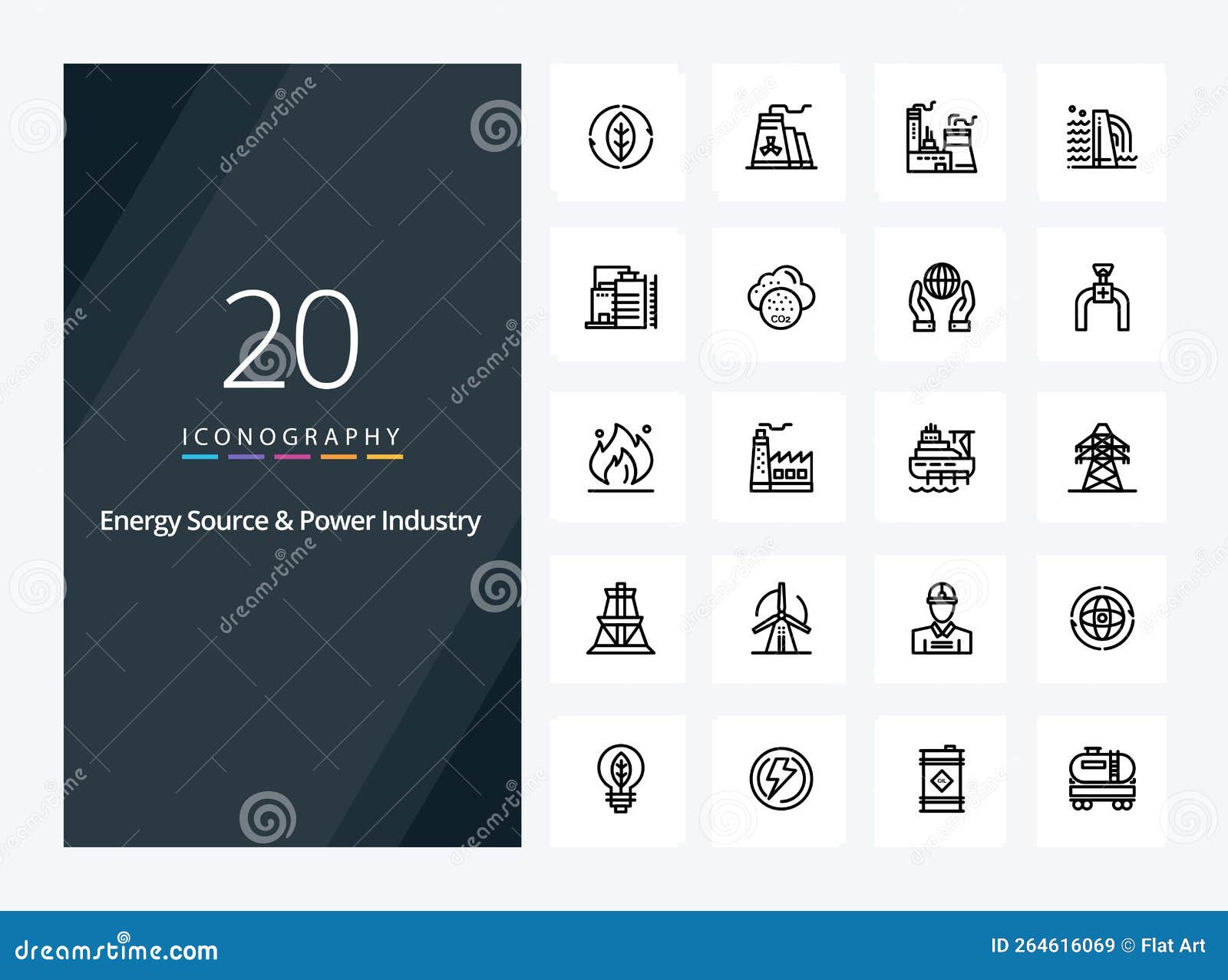 20 energy source and power industry outline icon for presentation