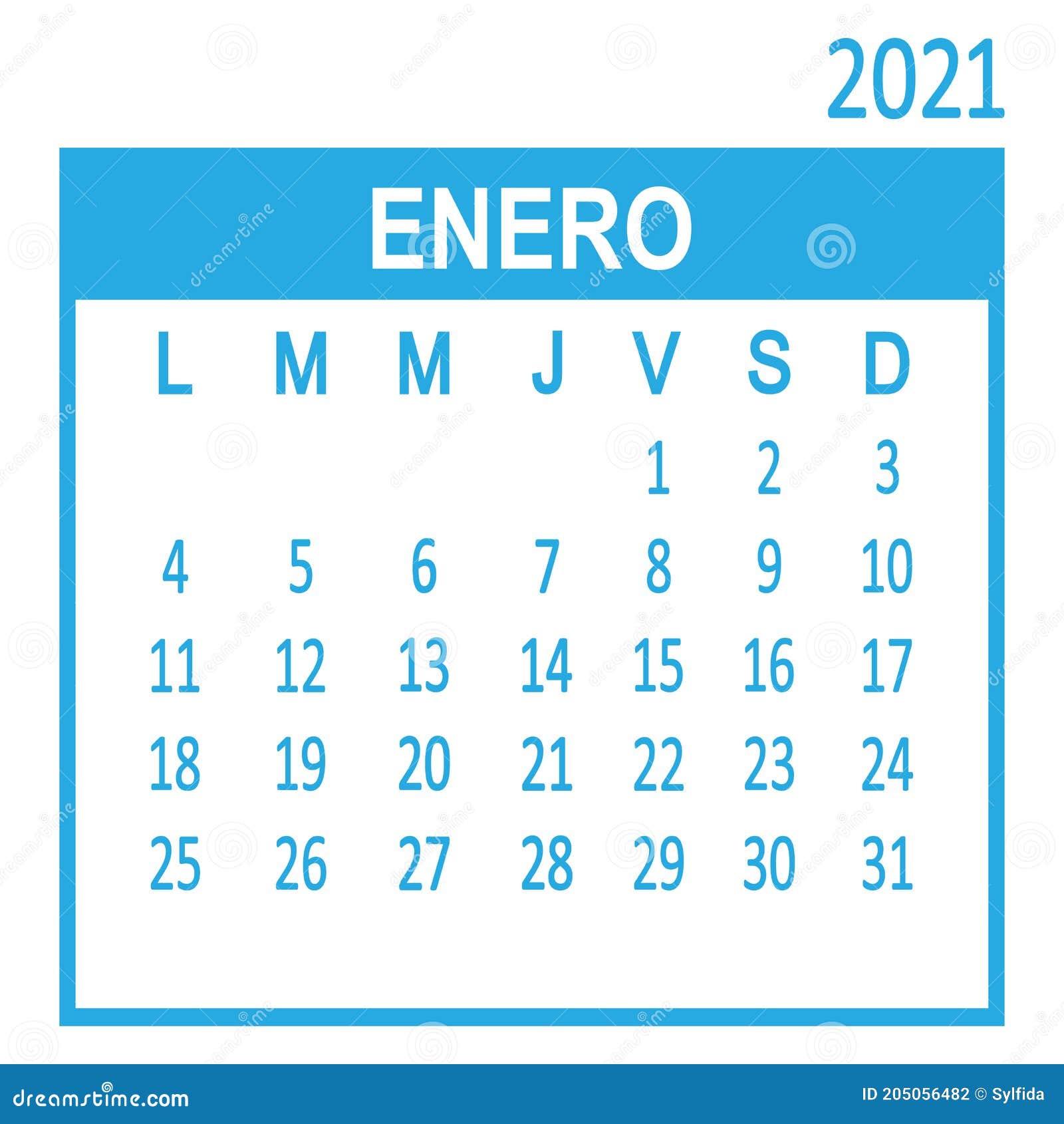 enero january. first page of set. spanish calendar 2021, template. week starts from lunes monday. 
