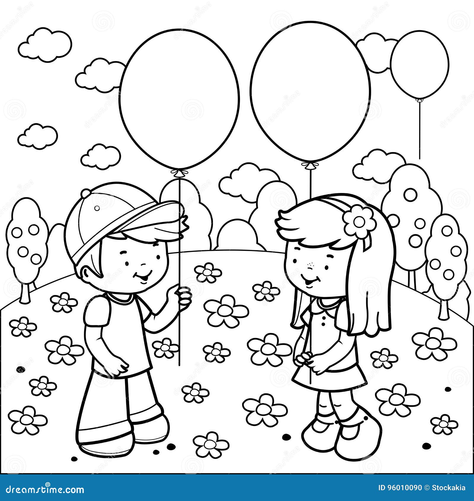 Enfants Au Parc Jouant Avec Des Ballons Page De Livre De Coloriage Illustration de Vecteur