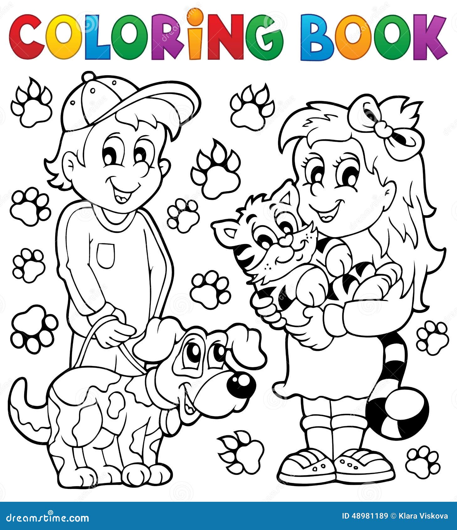 Enfants de livre de coloriage avec des animaux familiers Libre de droits