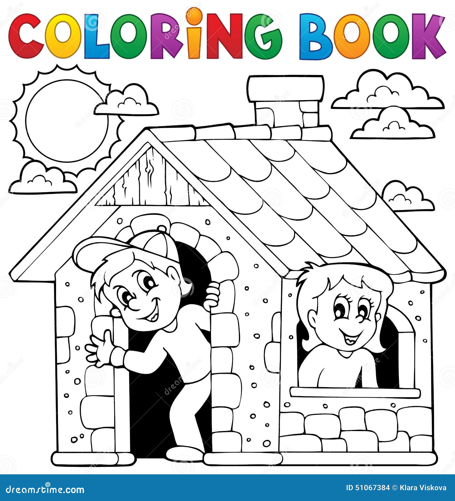 Enfants de livre de coloriage jouant dans la maison