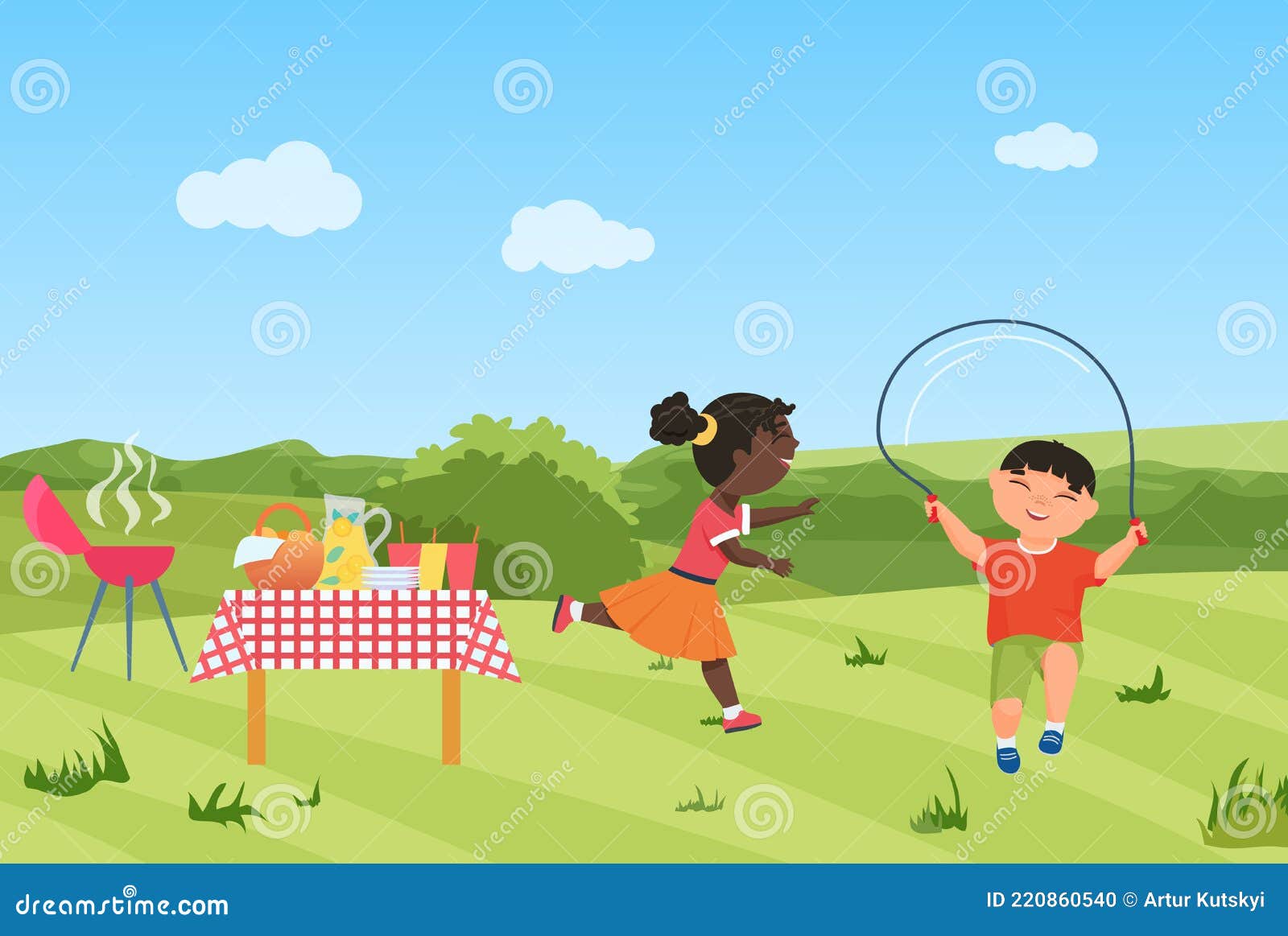 Enfants Heureux S'amuser Sur Barbecue Pique-nique Fête Ensemble Fille  Courir Garçon Saut De Corde Illustration de Vecteur - Illustration du  brancher, africain: 220860540