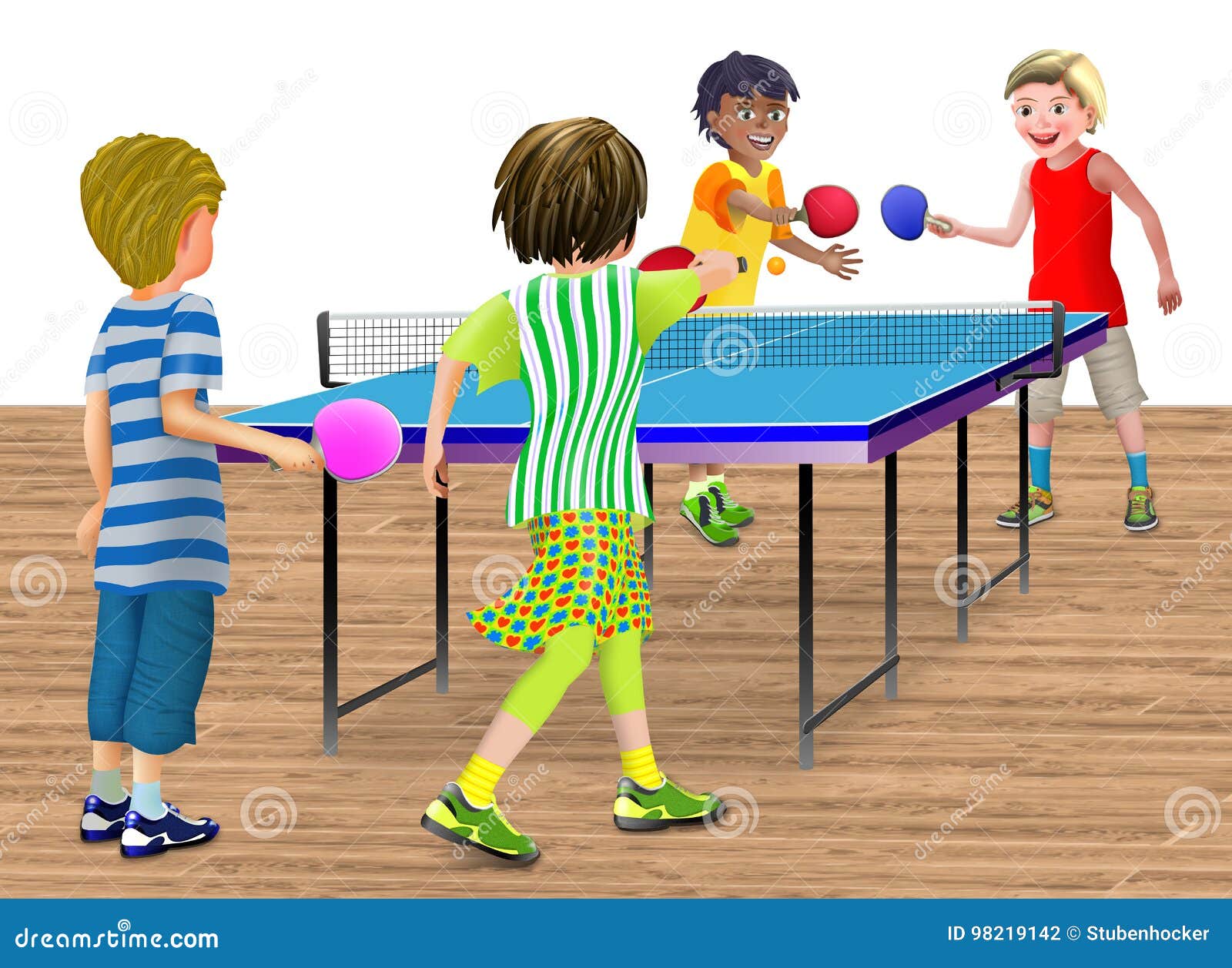 4 Enfants Jouant Un Double Match De Ping-pong Photo stock - Illustration du  rire, illustration: 98219142