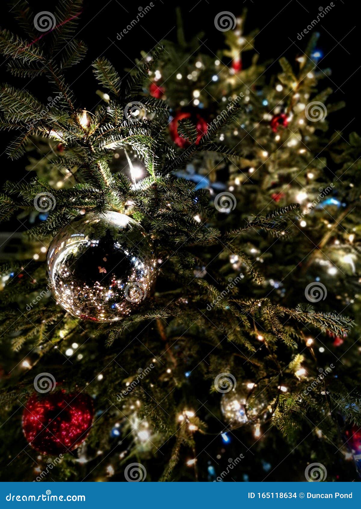 Enfeites De Prata E árvore De Natal Vermelha à Noite Foto de Stock - Imagem  de feriado, ornado: 165118634