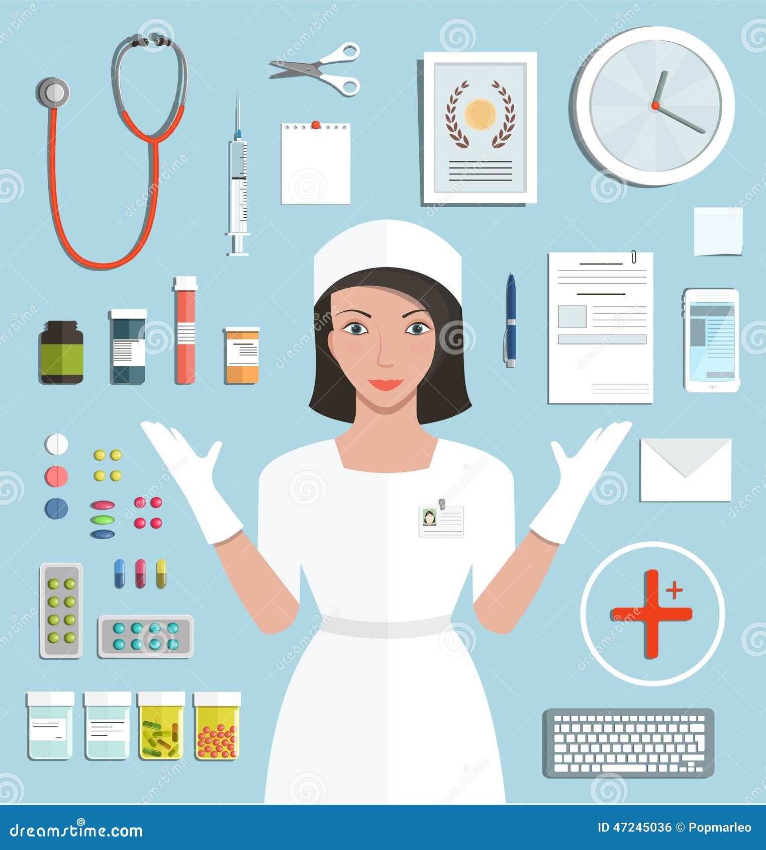 Enfermera Showing Medical Tools Y Medicamento Ilustración del Vector