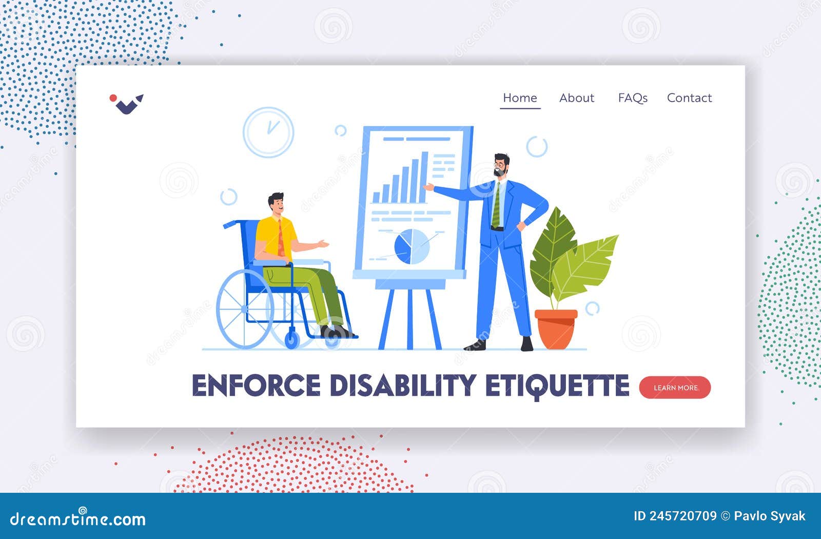 enforce disability etiquette landing page template. disabled business man on wheelchair watch seminar presentation