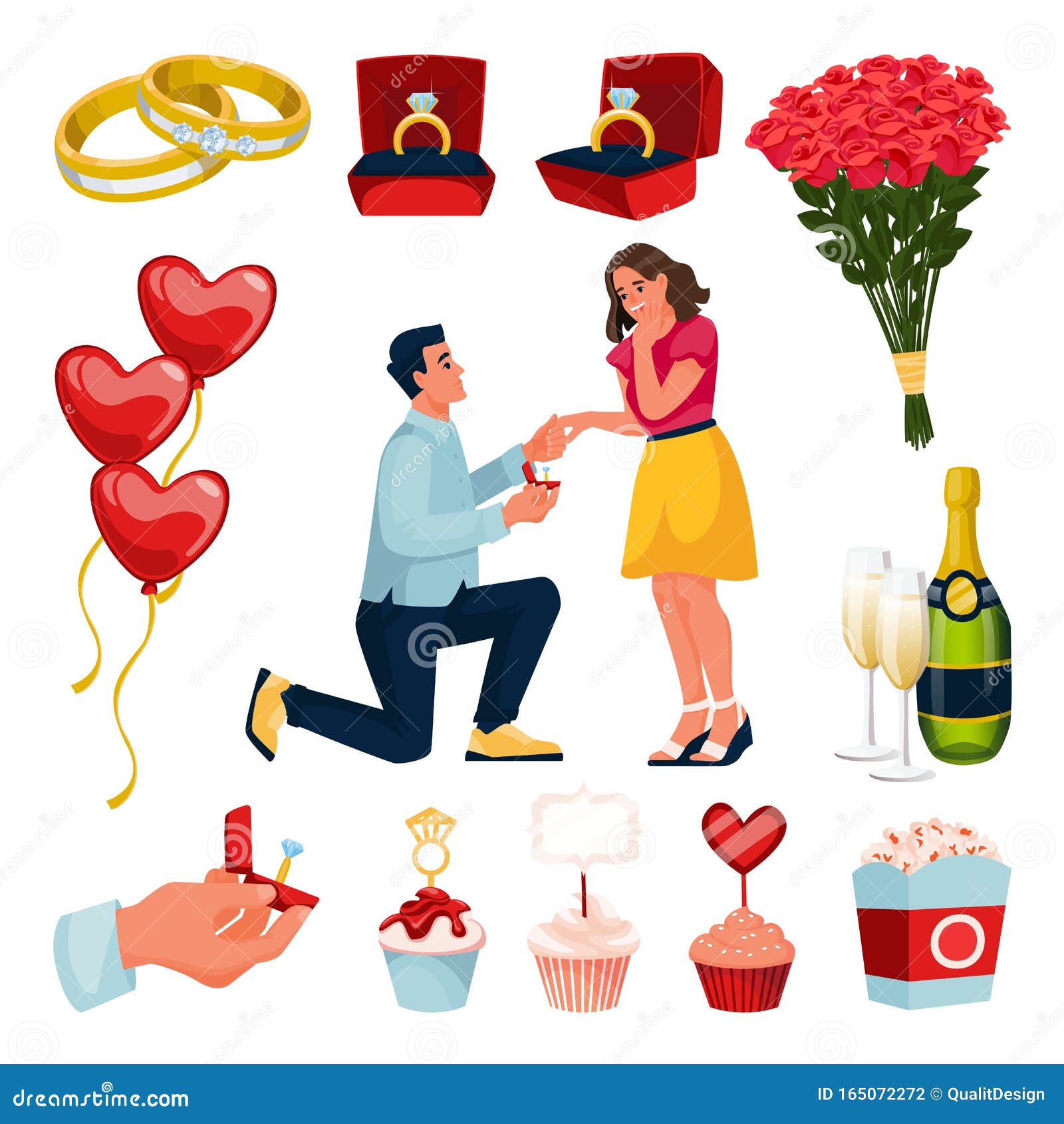 Engagement And Marriage Design Elements Set. Vector Flat Cartoon
