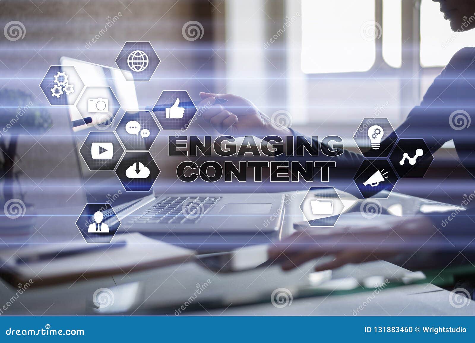 Engaging Content on Virtual Screen. Digital Marketing Concept. Stock