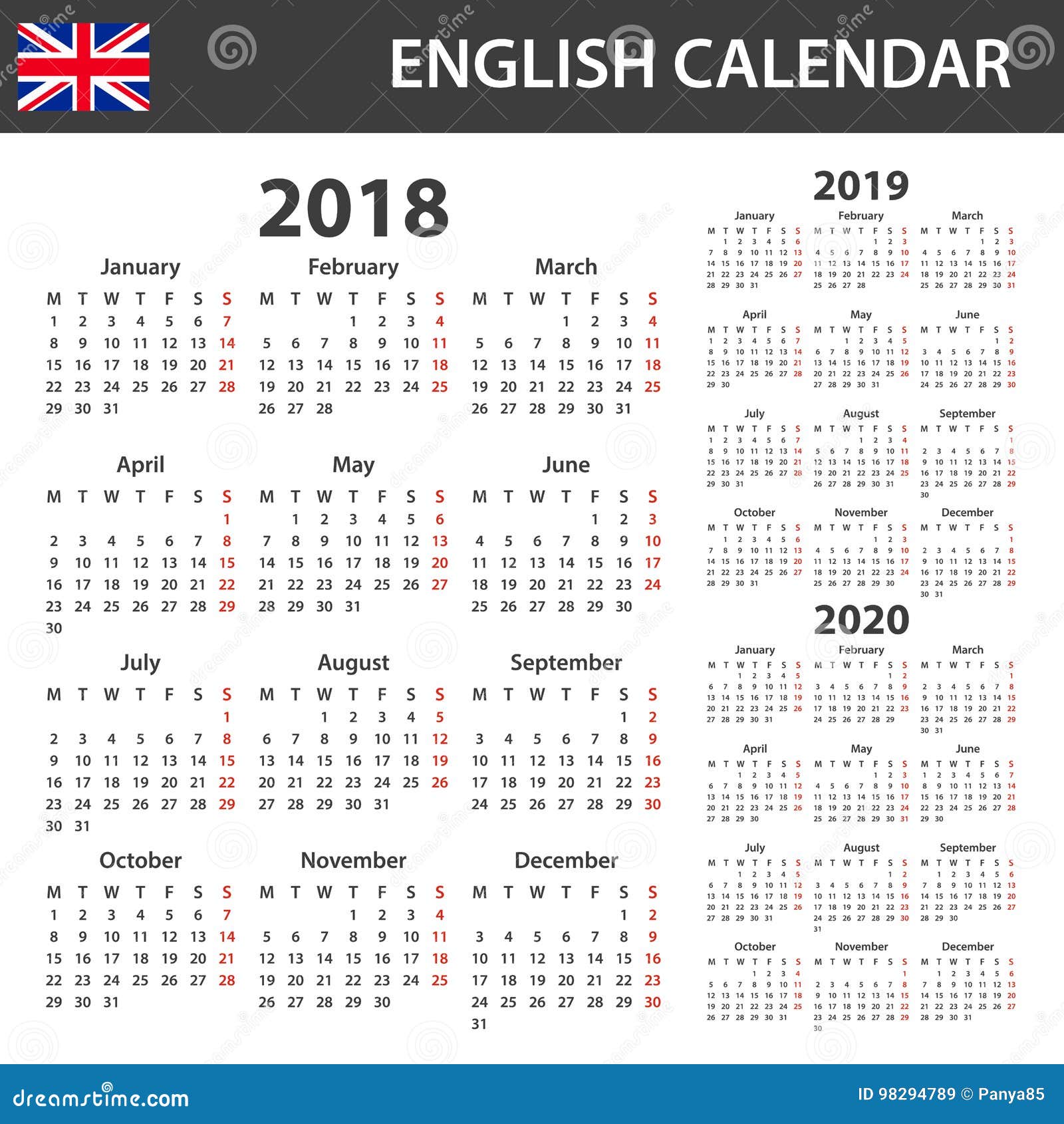 Engelsk Kalender För 2018, 2019 Och 2020 Scheduler-, Dagordning- Eller Dagbokmall Veckastarter 