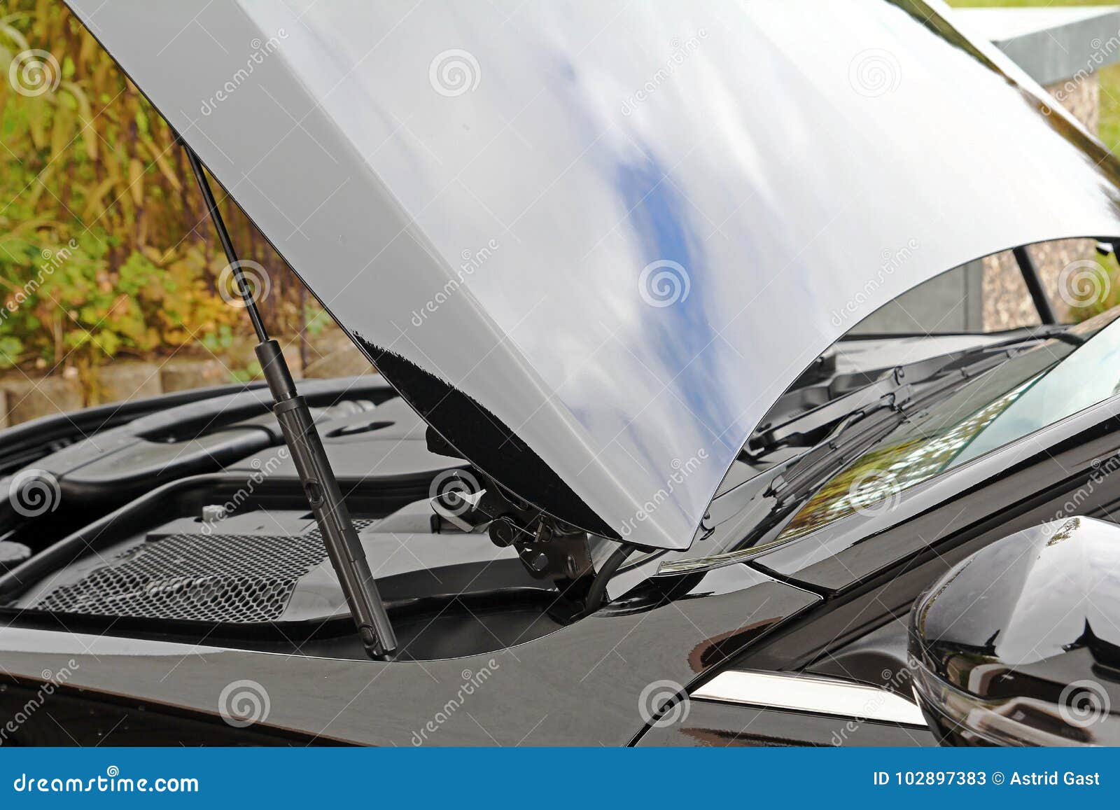 The Engine of a Black Car with Open Stock Image Image of