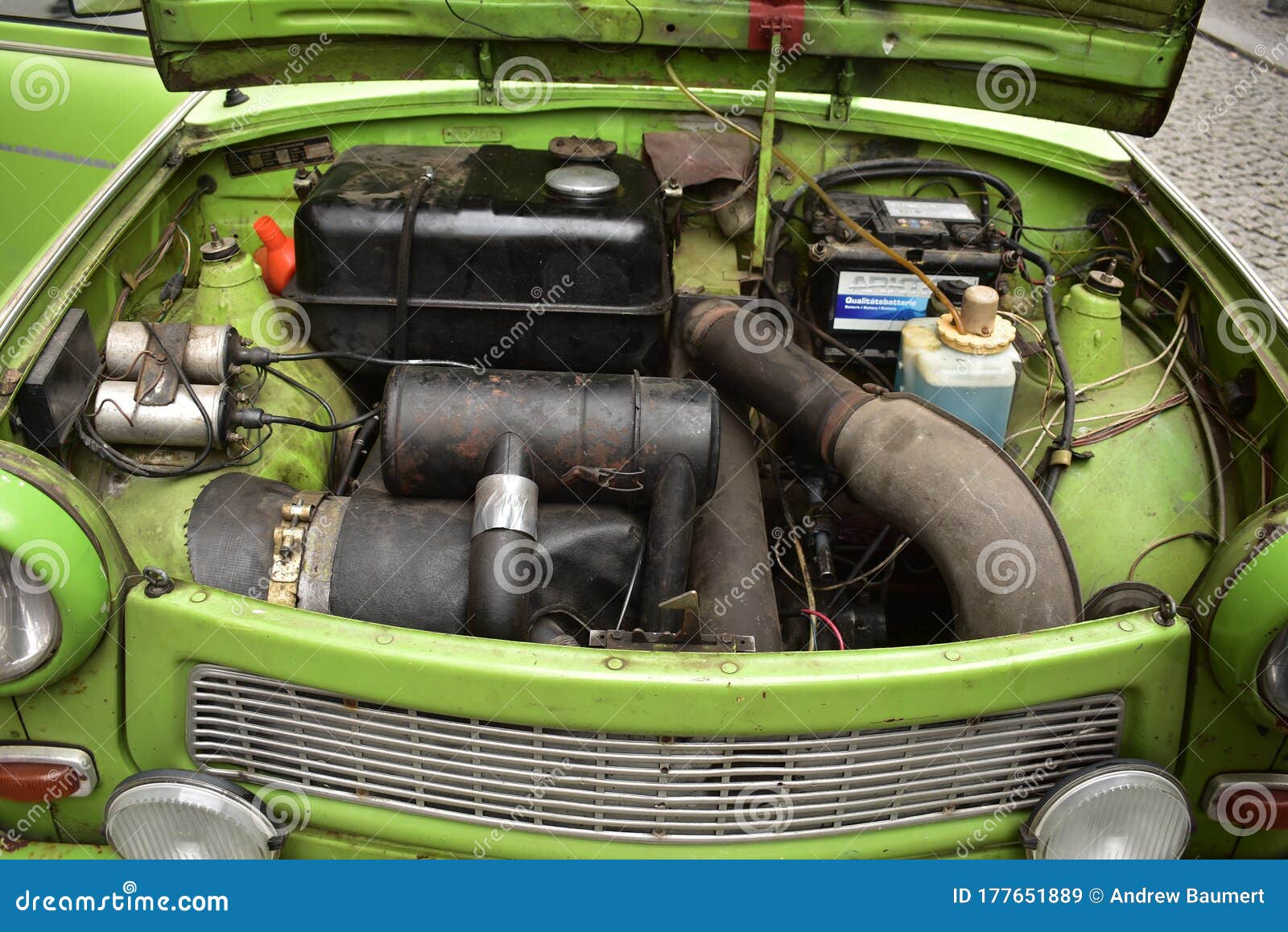 Engine of a Green Trabant 601 Vintage Car from Above Berlin Germany