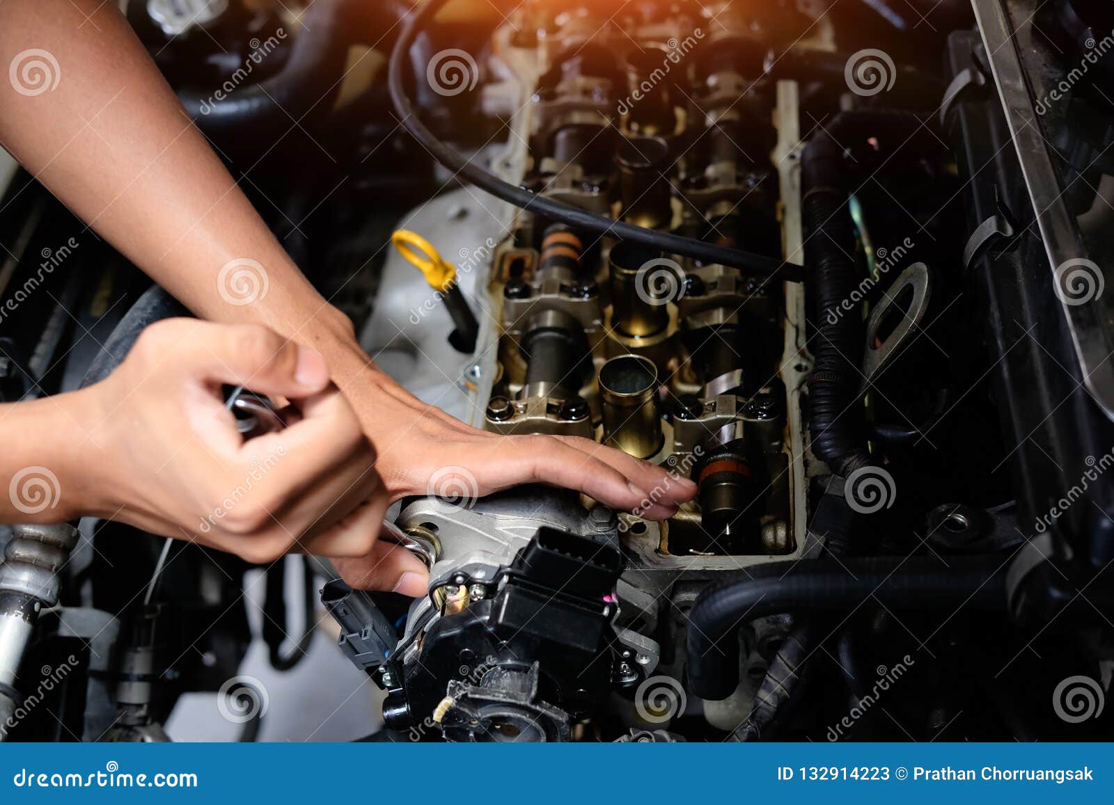 Engine Valve with Mechanic Fixing, Closeup Hands Working with To Stock