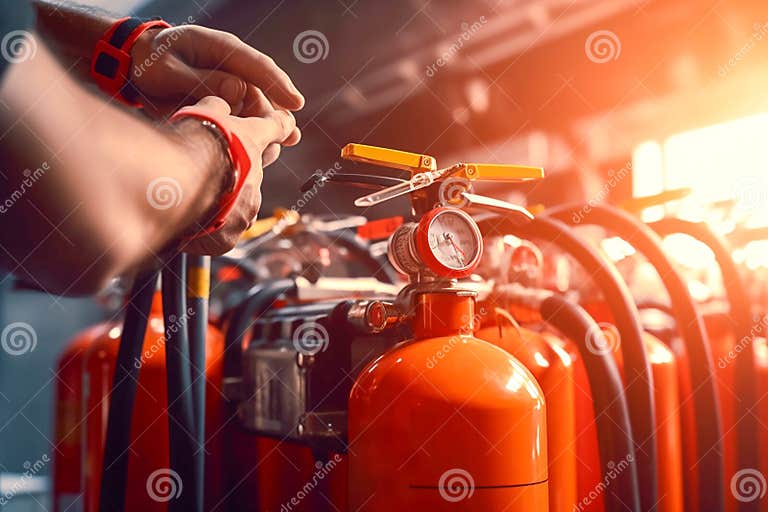 Engineer Check Fire Extinguishers Tank for Fire Prevention. Fire