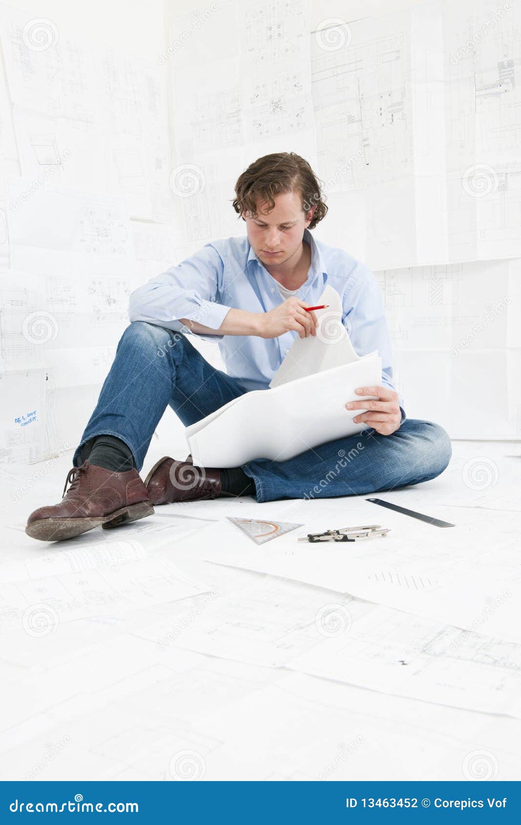 Engineer Checking Technical Drawings Stock Photo - Image of compasses