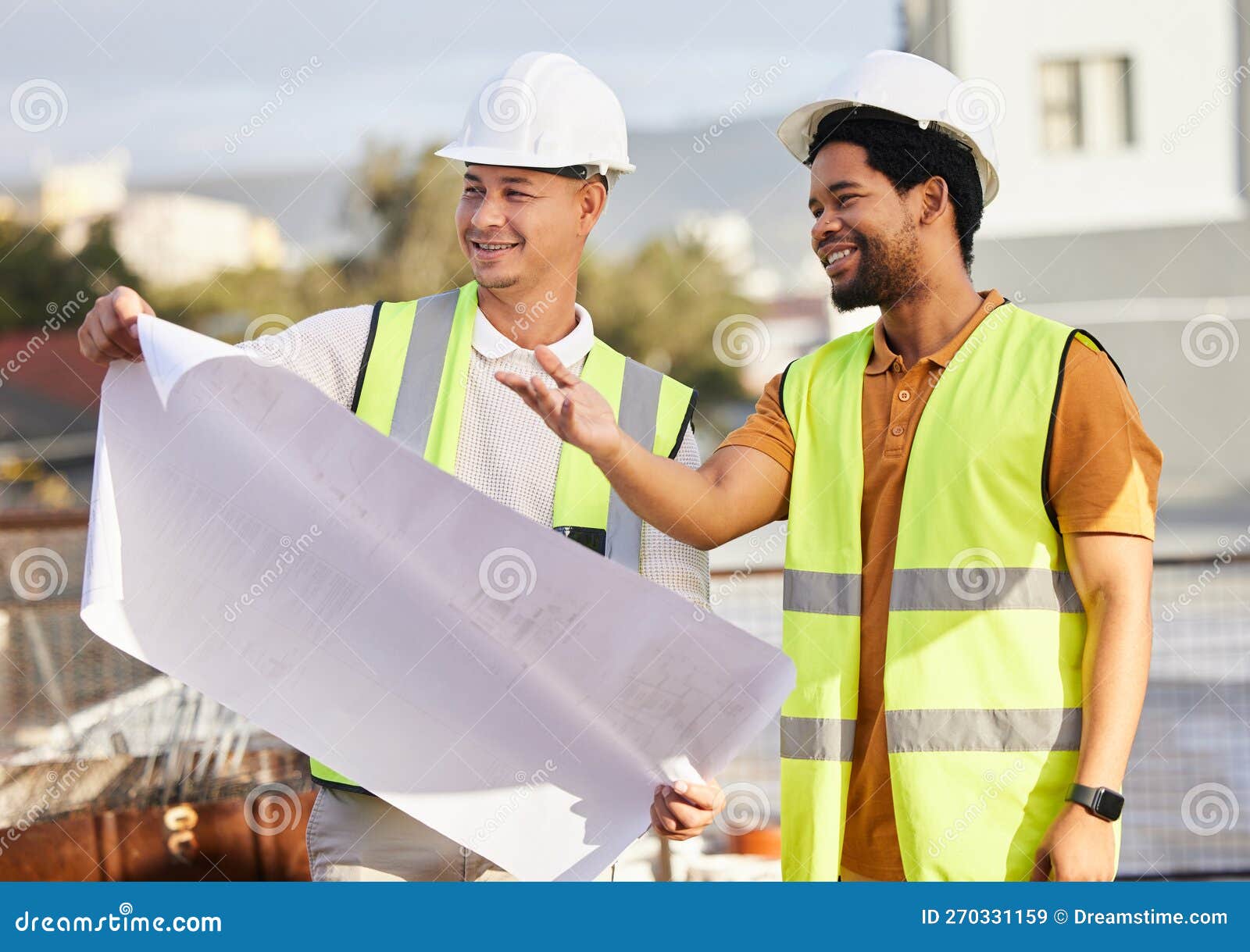 Engineer, Employees and Men with Blueprints, Construction Site and Conversation for Planning