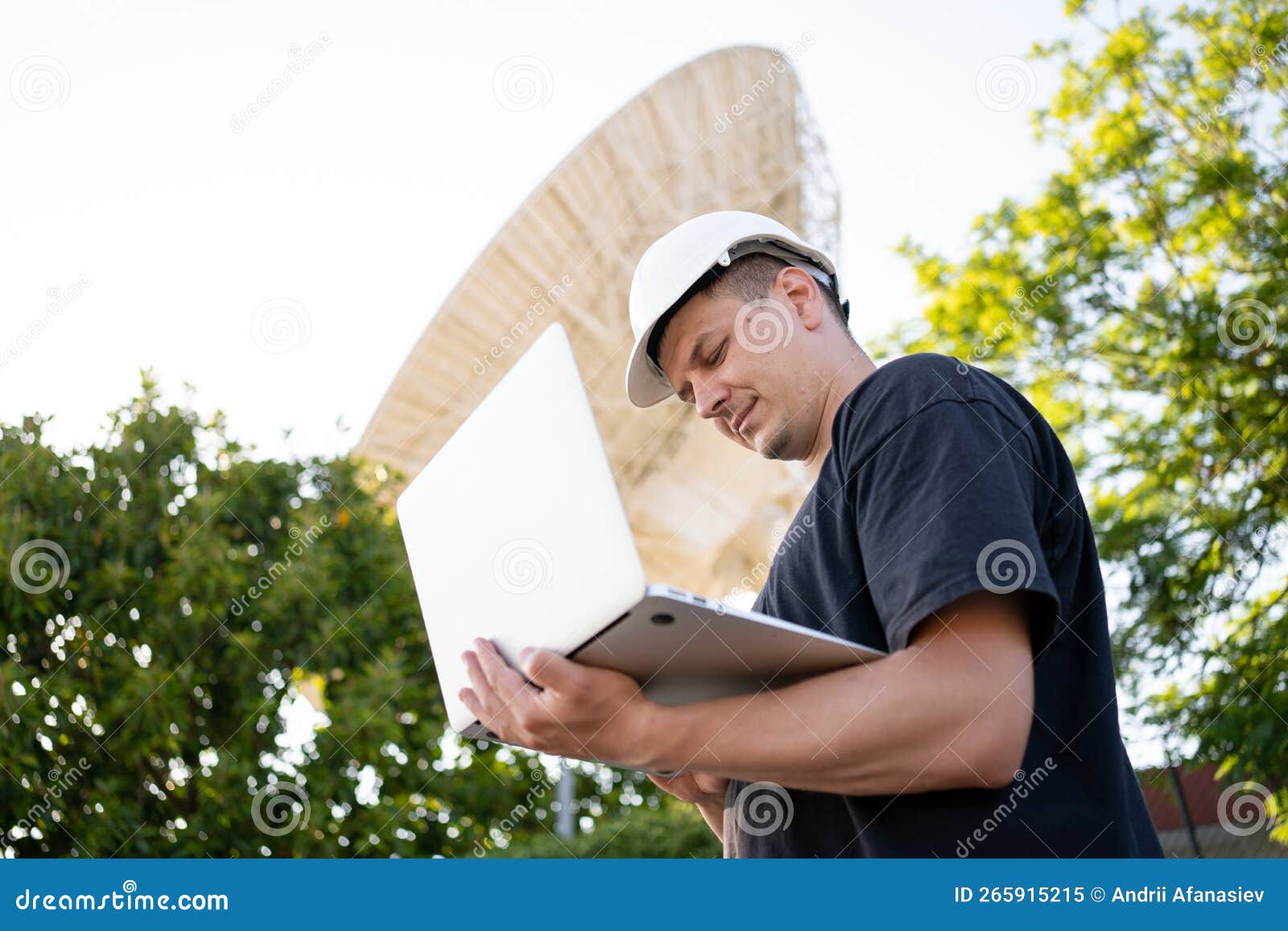 Engineer Looking Earth Based Astronomical Radio Telescope Stock Image Image of communications
