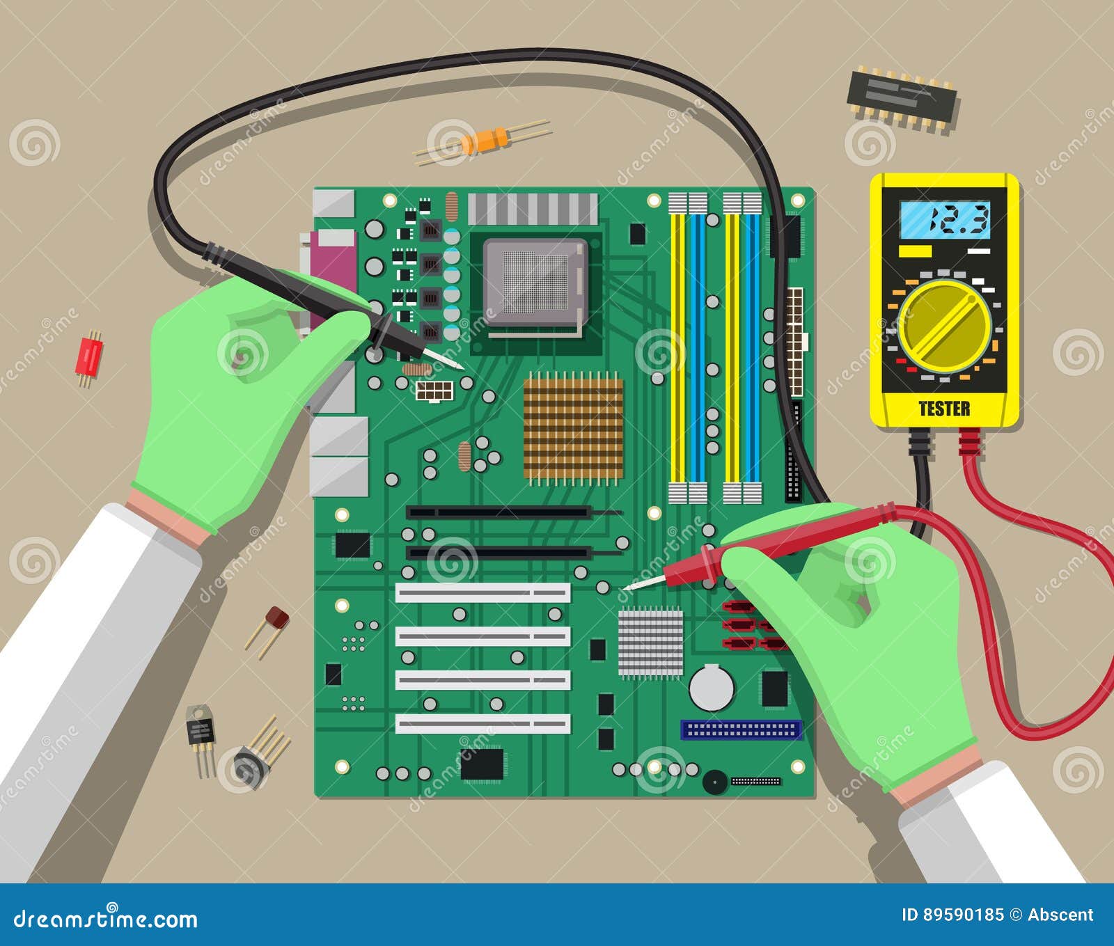  Engineer  With Multimeter Checks Motherboard Stock Vector 