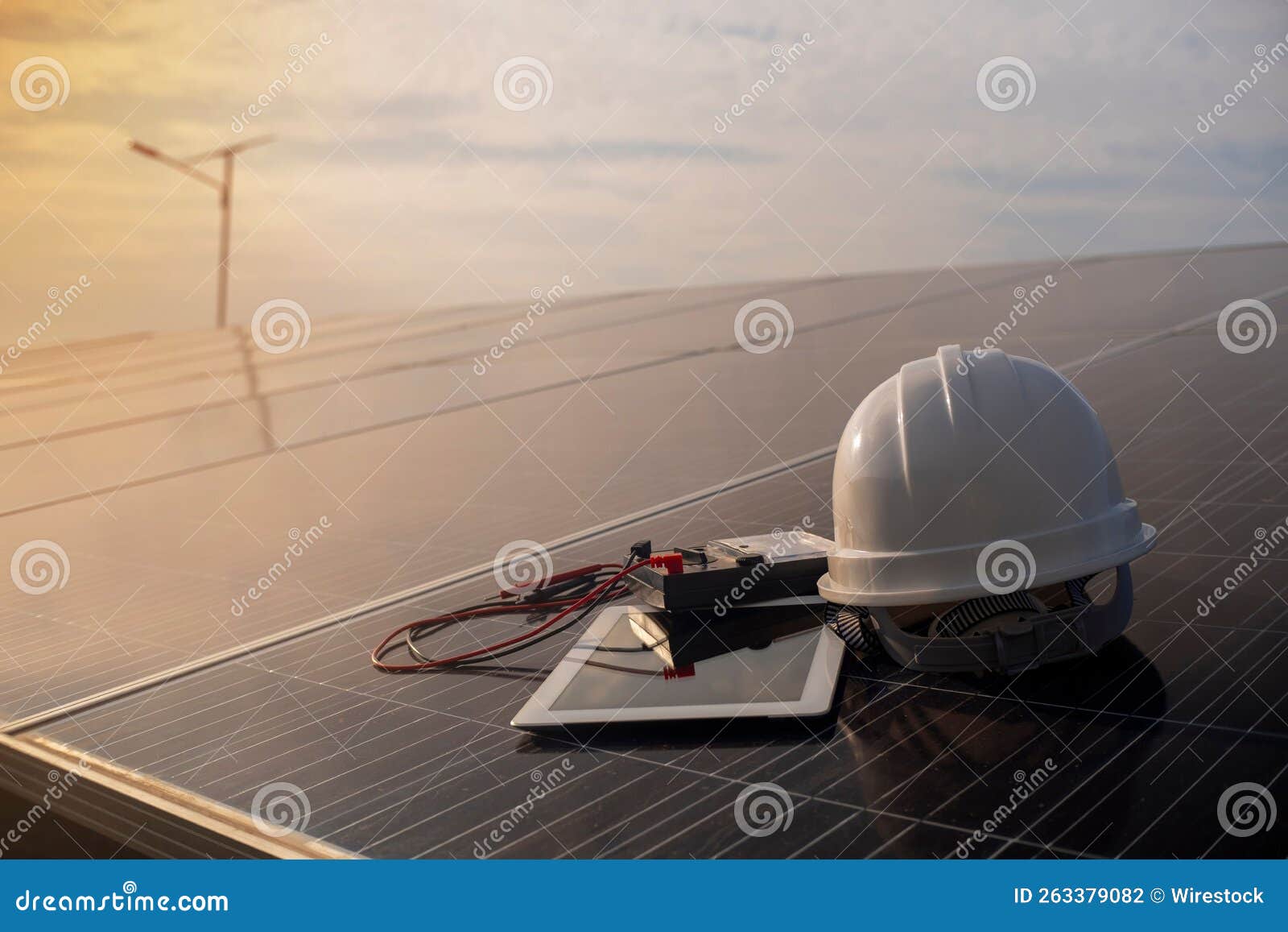 Engineer S Helmet with a Current Measuring Device Placed on a Solar