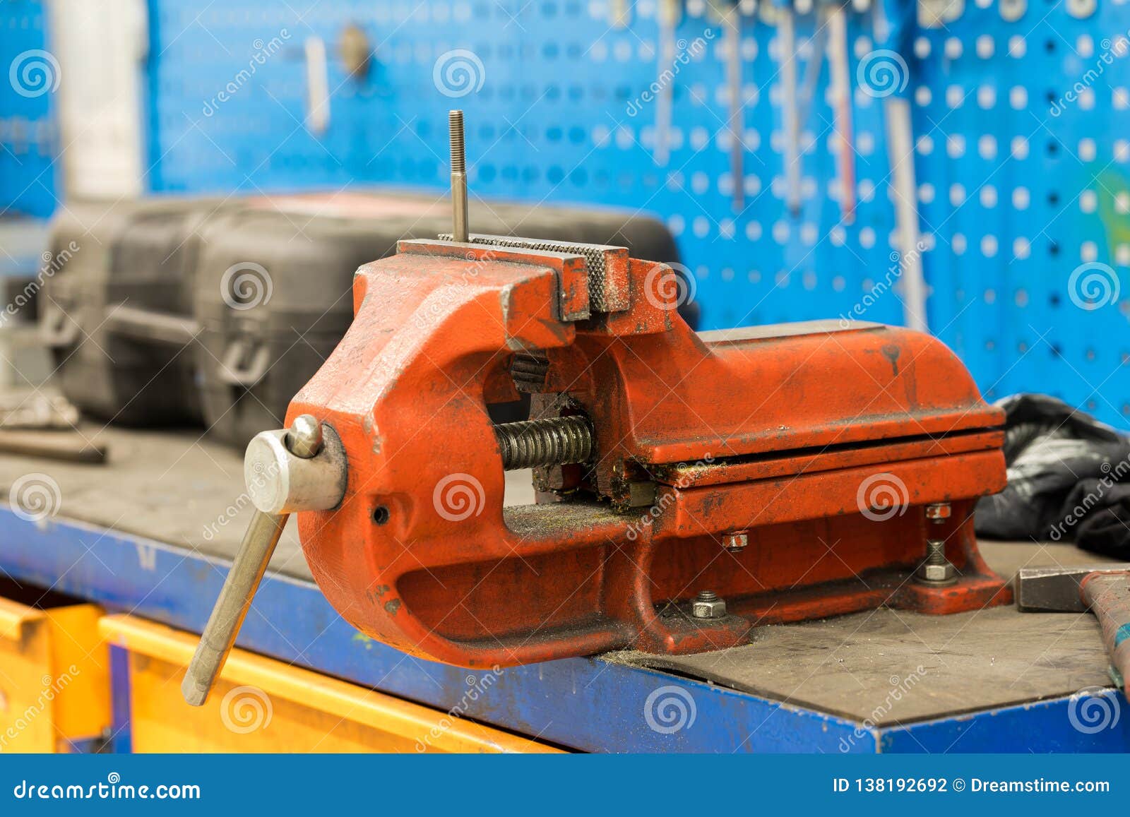 Vise On Workbench. Vise Tool On Wooden Top Surface. Tool For