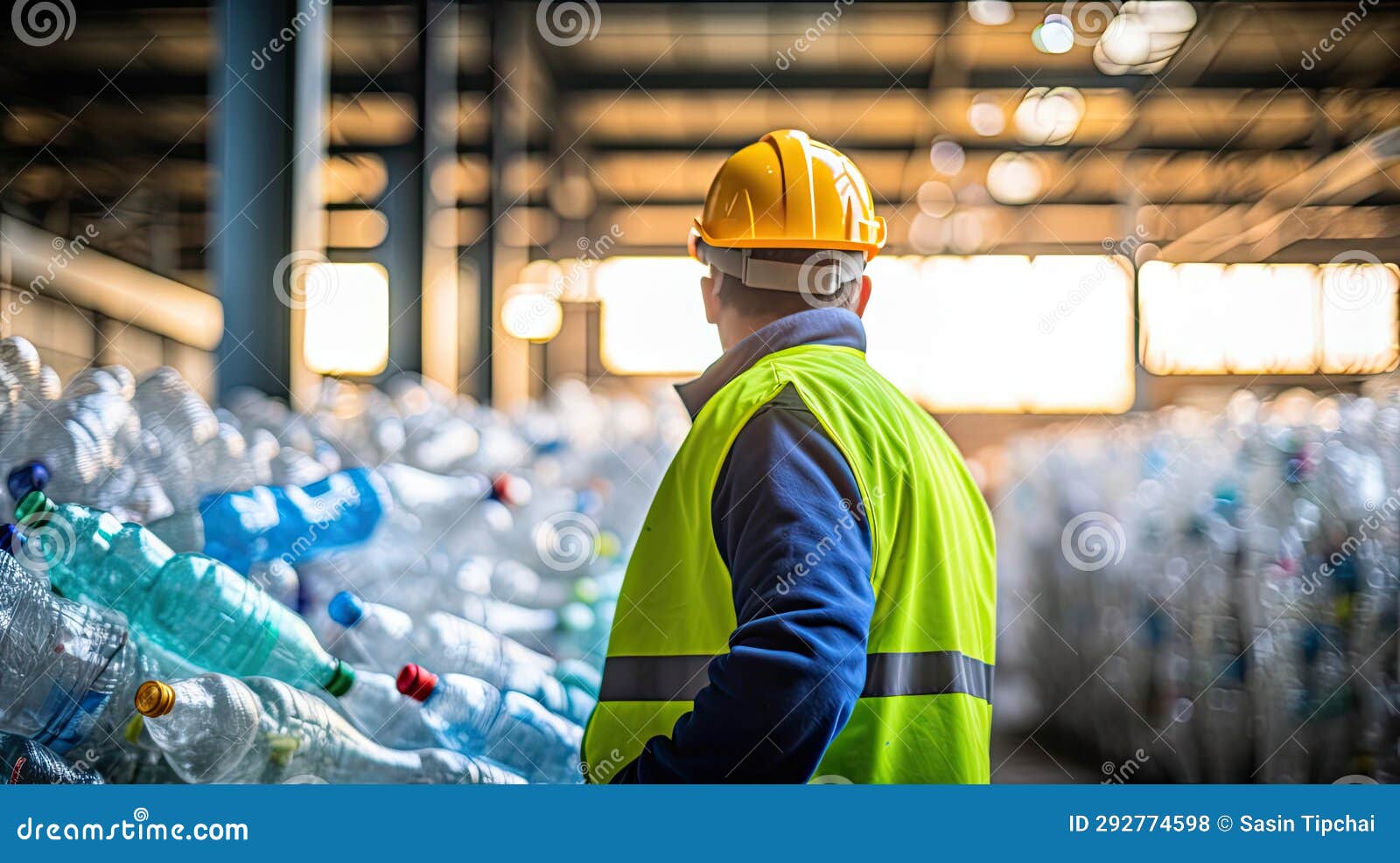 Engineer Standing and Looking Back the Plastic Bottle in the Recycling