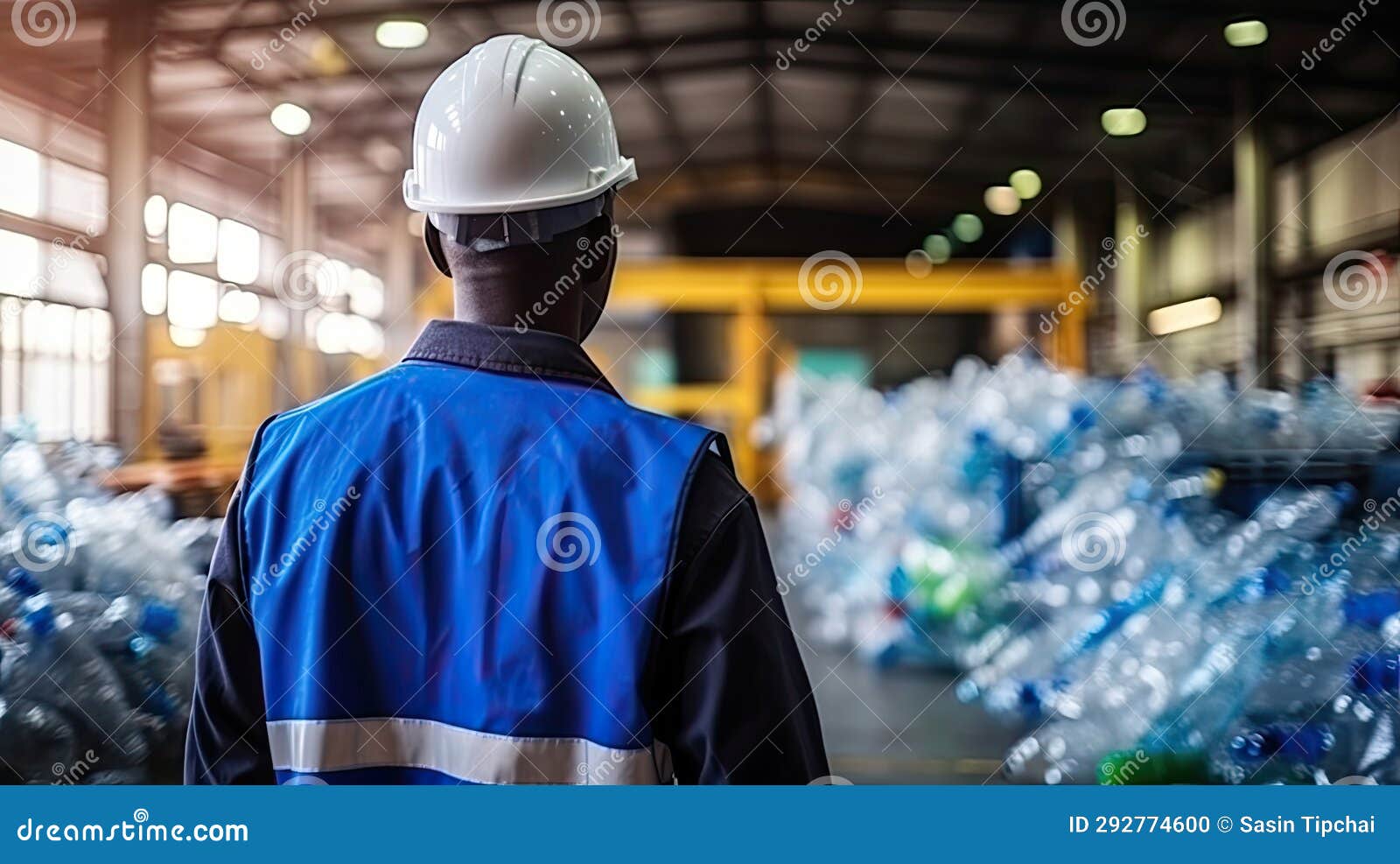 Engineer Standing and Looking Back the Plastic Bottle in the Recycling