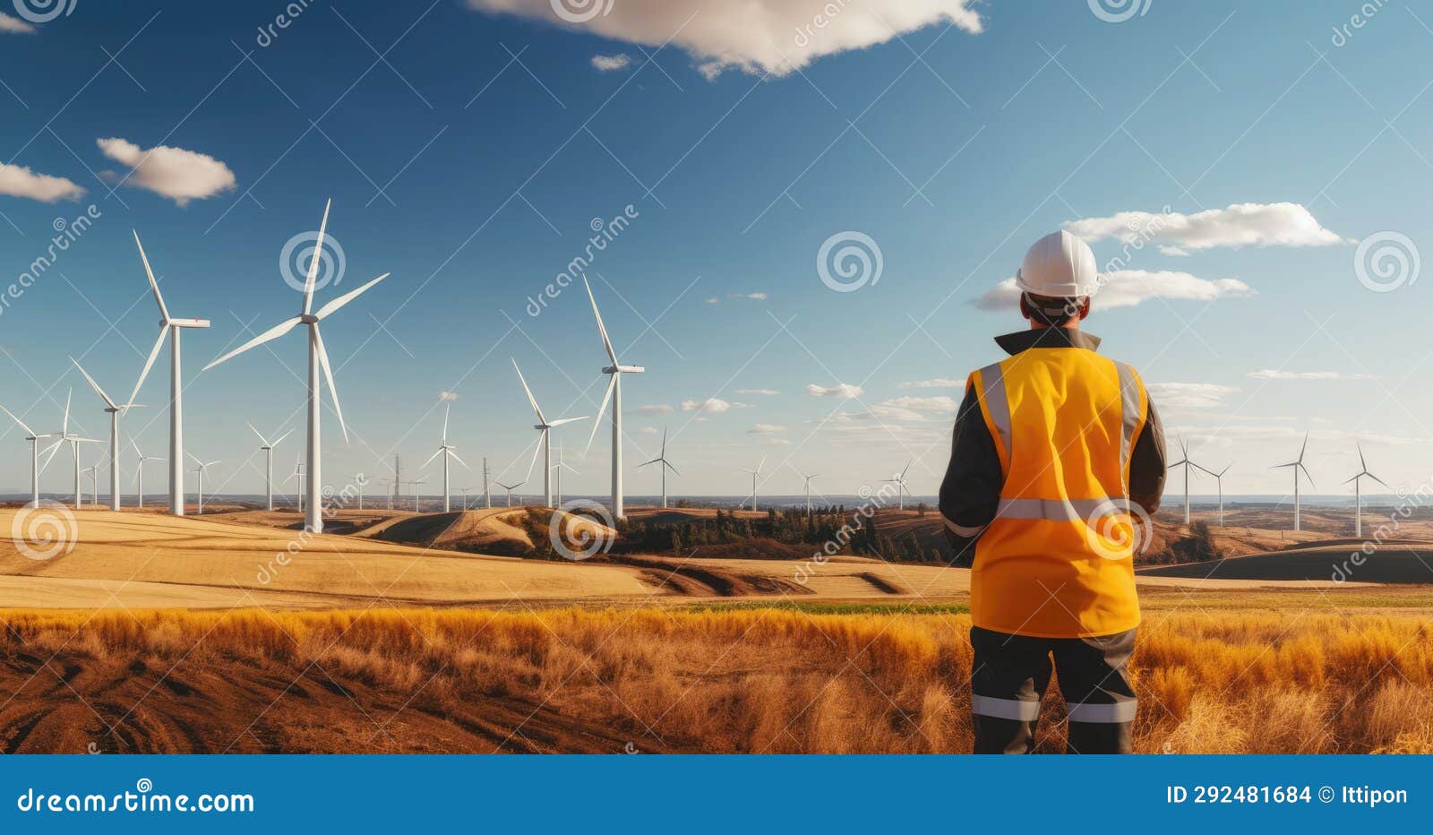 Engineer Standing at the Wind Turbine Plant. Stock Illustration