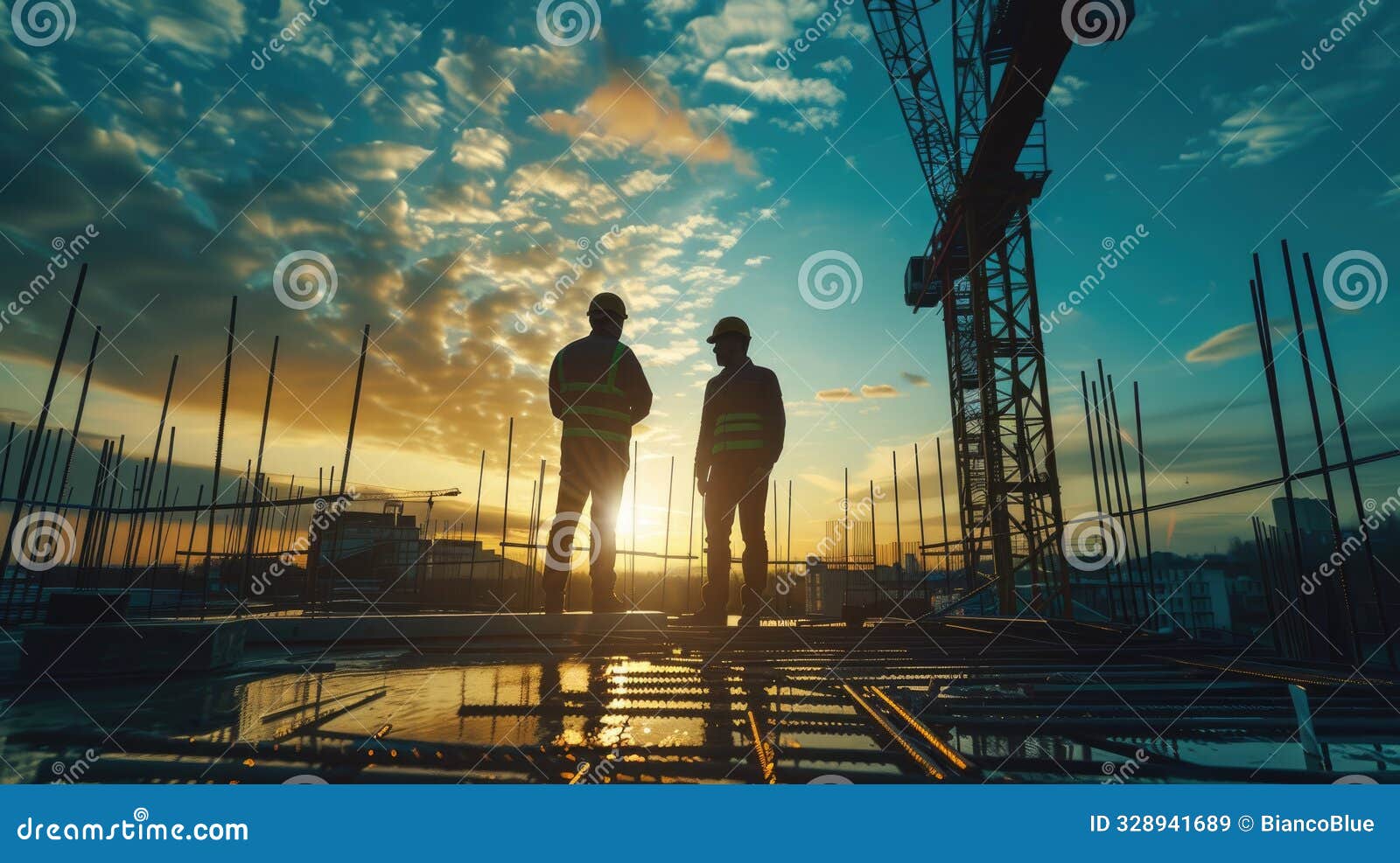 engineer team with crane discussing to construct construction in city. aig53.