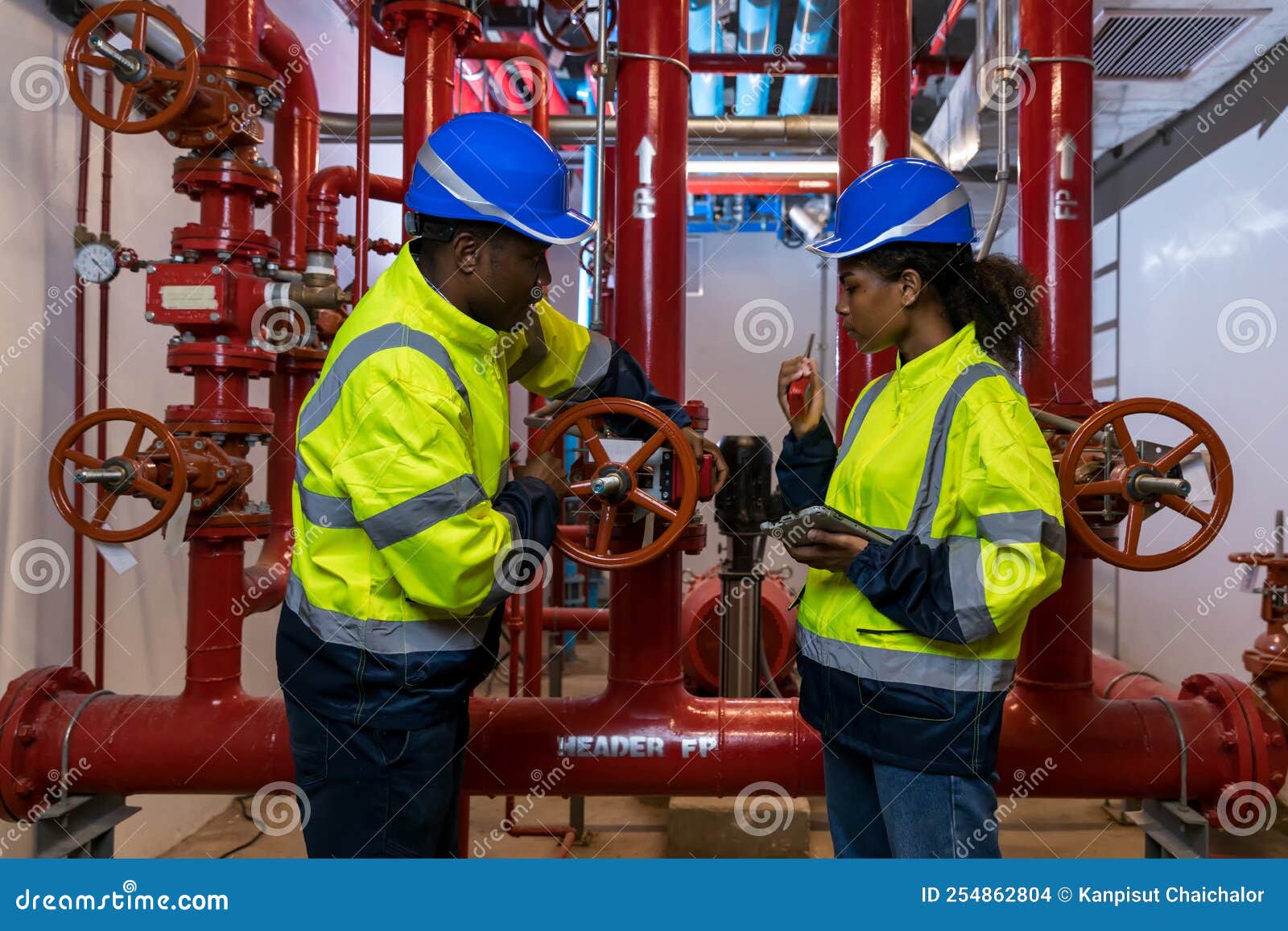 Engineer or Technician Work Checking Fire Suppression System and Fire