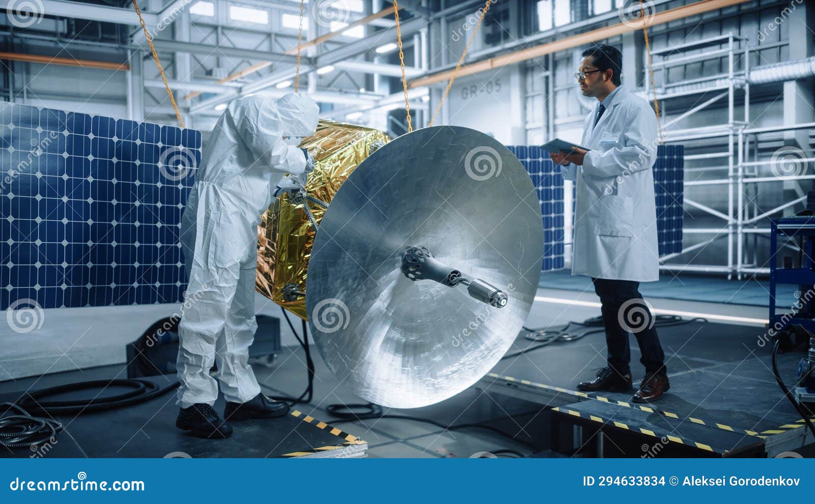 Engineer and Technician Working on Satellite Construction. Aerospace Agency Diverse Team of
