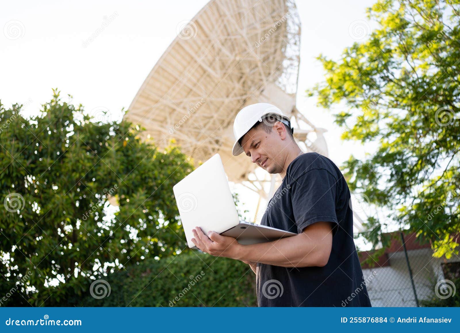 Engineer Looking Earth Based Astronomical Radio Telescope Stock Photo Image of communications