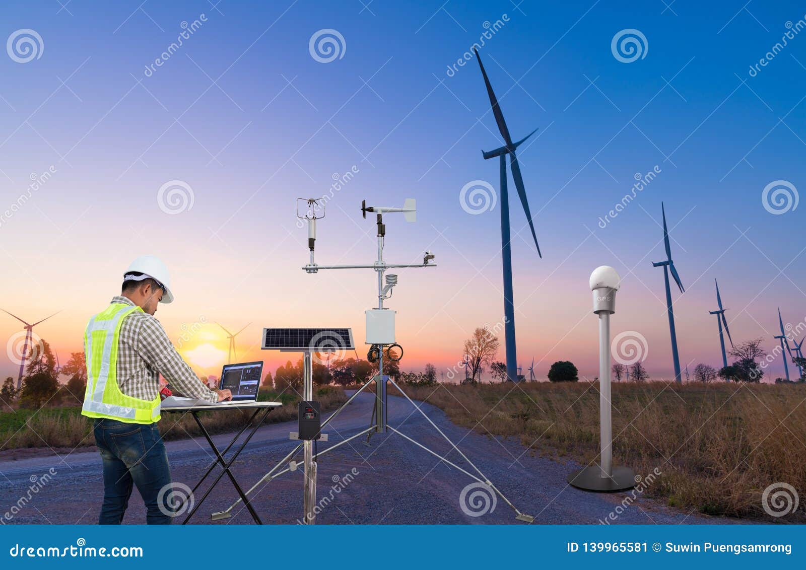 Engineer Using Laptop Computer Collect Data with Meteorological