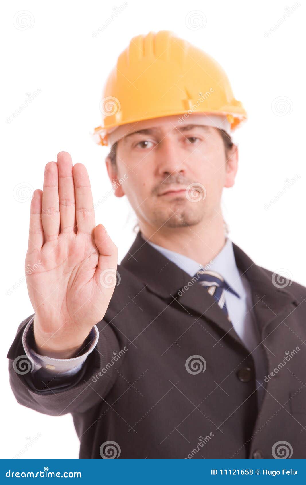 Engineer with Yellow Hat Making Stop Sign Stock Photo Image of palm